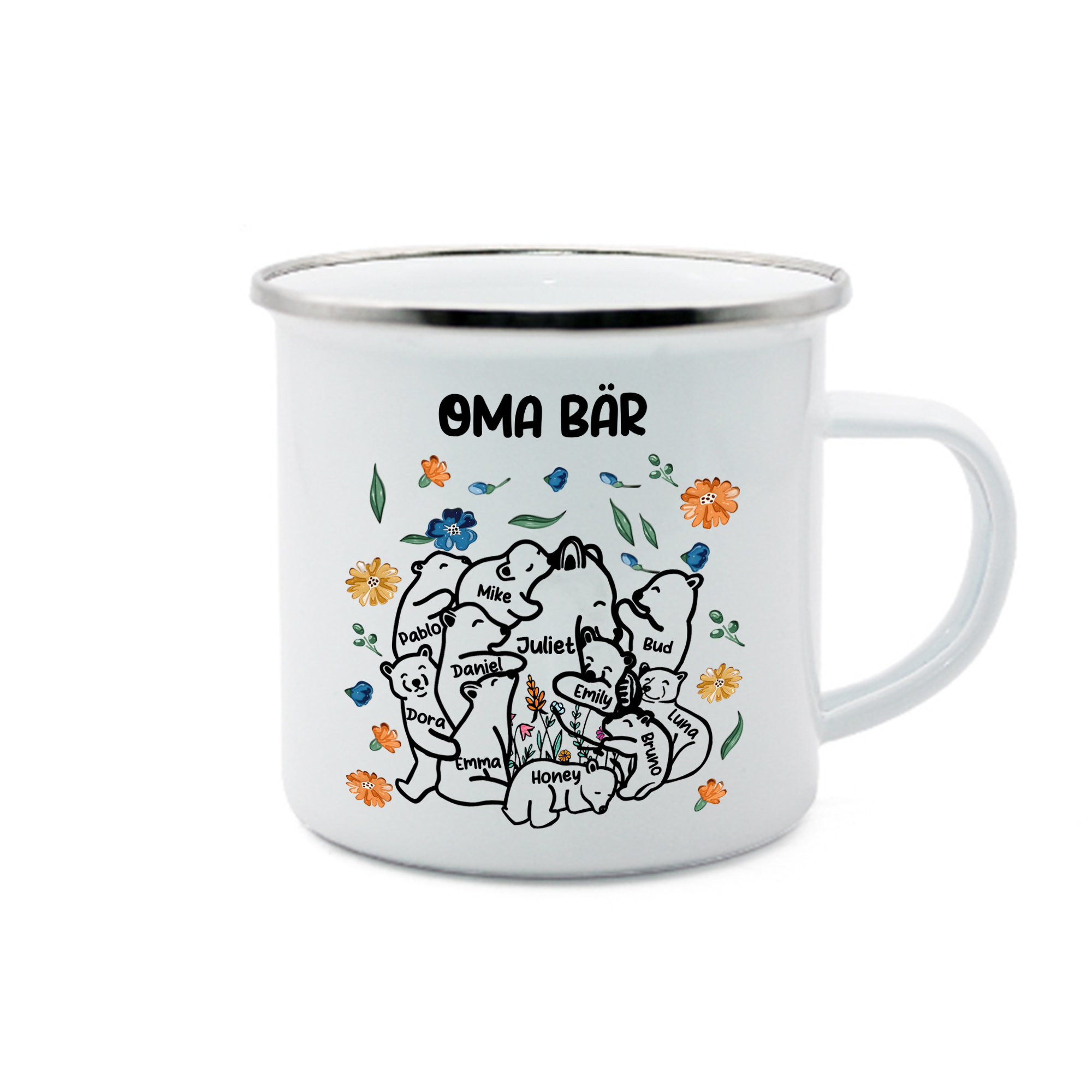 Personalisierte 11 Namen & Text Bären-Emaille Tasse - Geschenk zum Großelterntag für Oma Großmutter