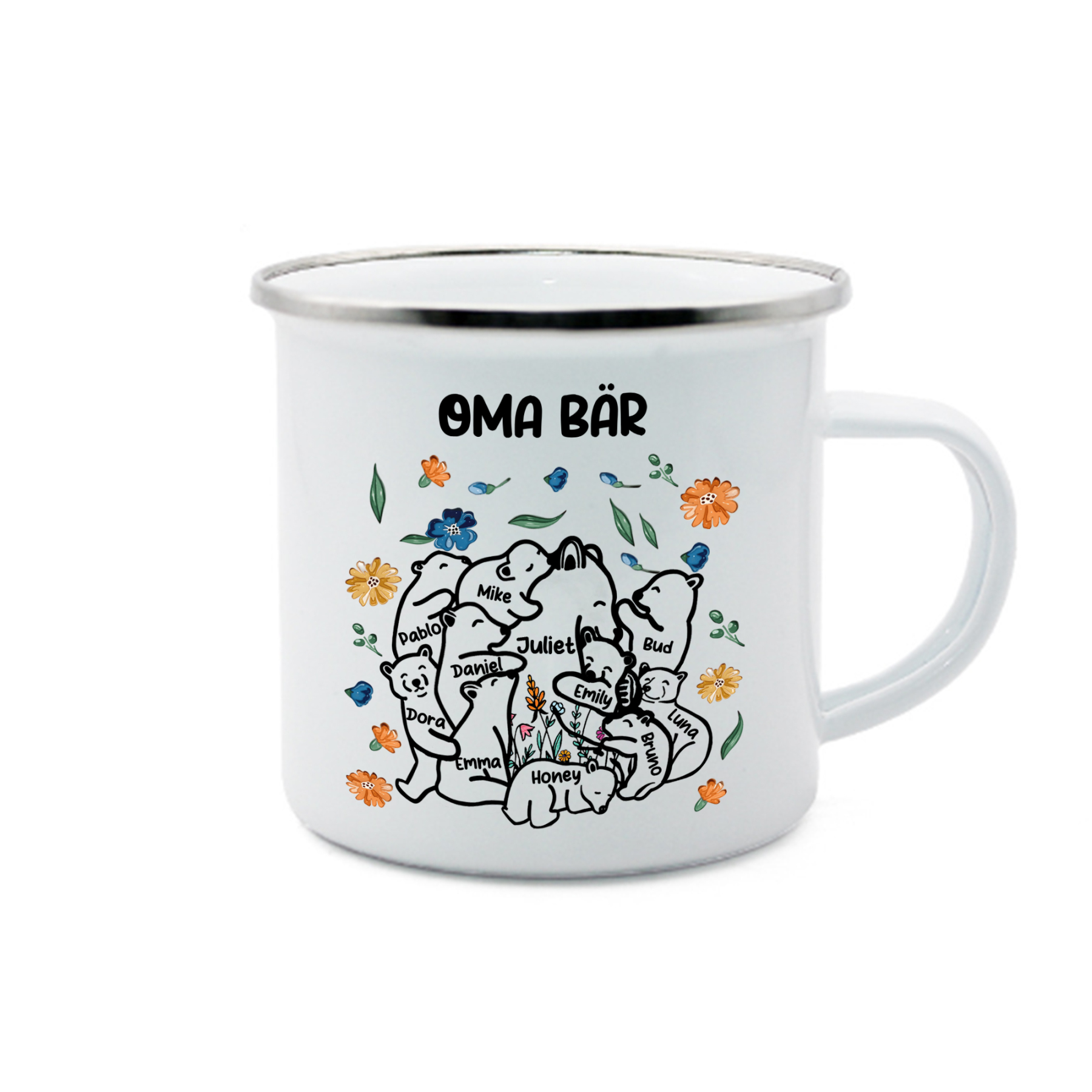 Personalisierte 11 Namen & Text Bären-Emaille Tasse - Geschenk zum Großelterntag für Oma Großmutter