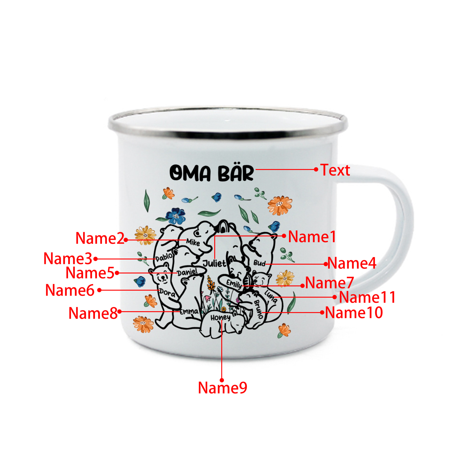Personalisierte 11 Namen & Text Bären-Emaille Tasse - Geschenk zum Großelterntag für Oma Großmutter