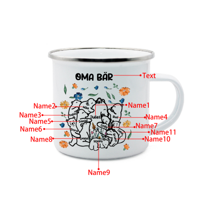 Personalisierte 11 Namen & Text Bären-Emaille Tasse - Geschenk zum Großelterntag für Oma Großmutter