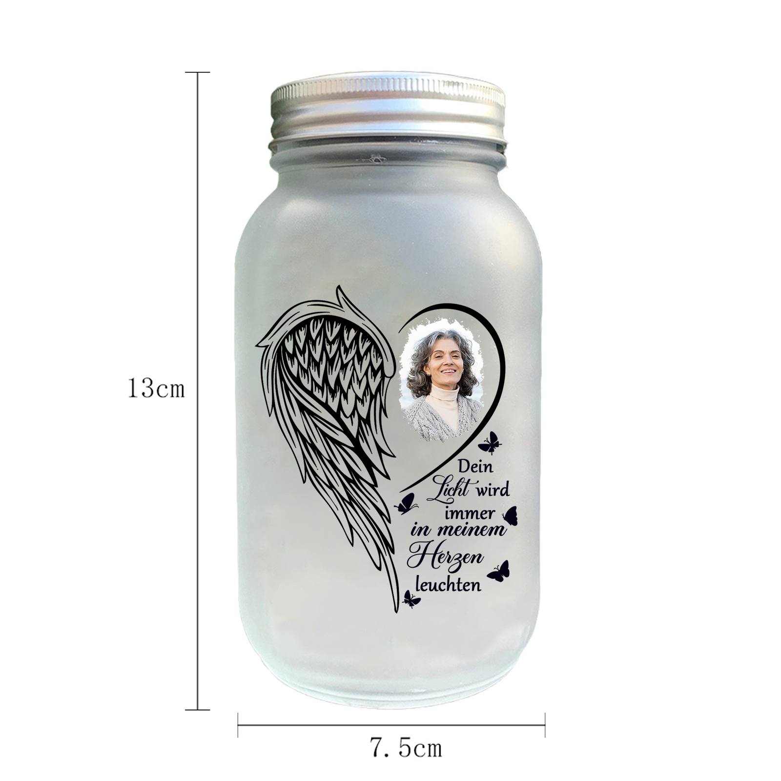 Personalisierter 1 Name Herz & Flügel Licht-Dein Licht wird immer in meinem Herzen leuchten-Gedenken Glasflaschen Weihnachten Licht Familie