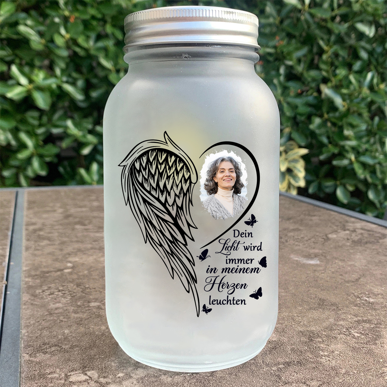 Personalisierter 1 Name Herz & Flügel Licht-Dein Licht wird immer in meinem Herzen leuchten-Gedenken Glasflaschen Weihnachten Licht Familie