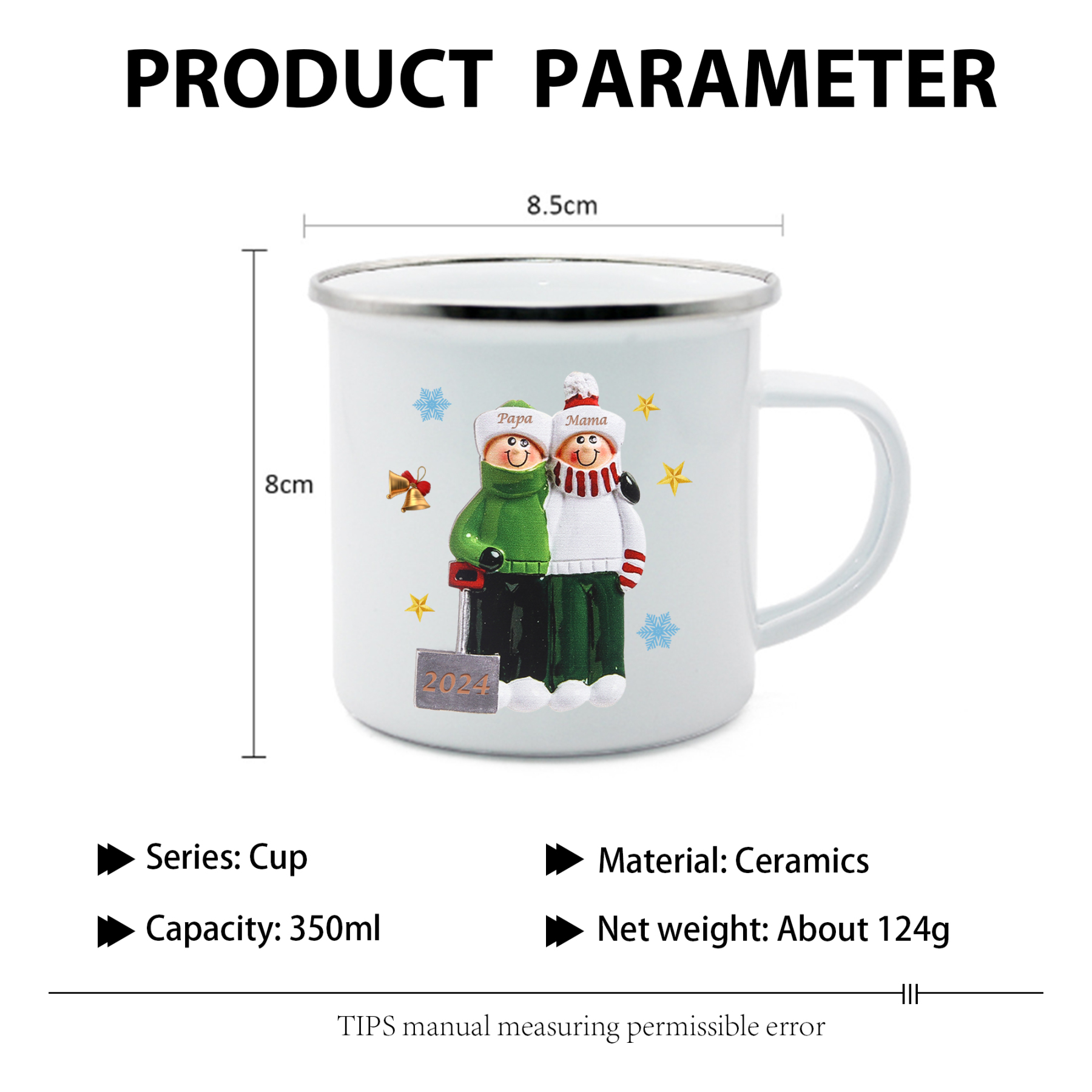 Emaille Tasse –Personalisierte 2 Namen & Jahr Weihnachts-Emaille Becher für Familie