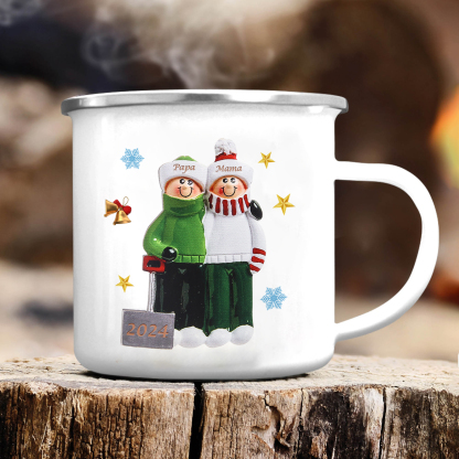 Emaille Tasse –Personalisierte 2 Namen & Jahr Weihnachts-Emaille Becher für Familie