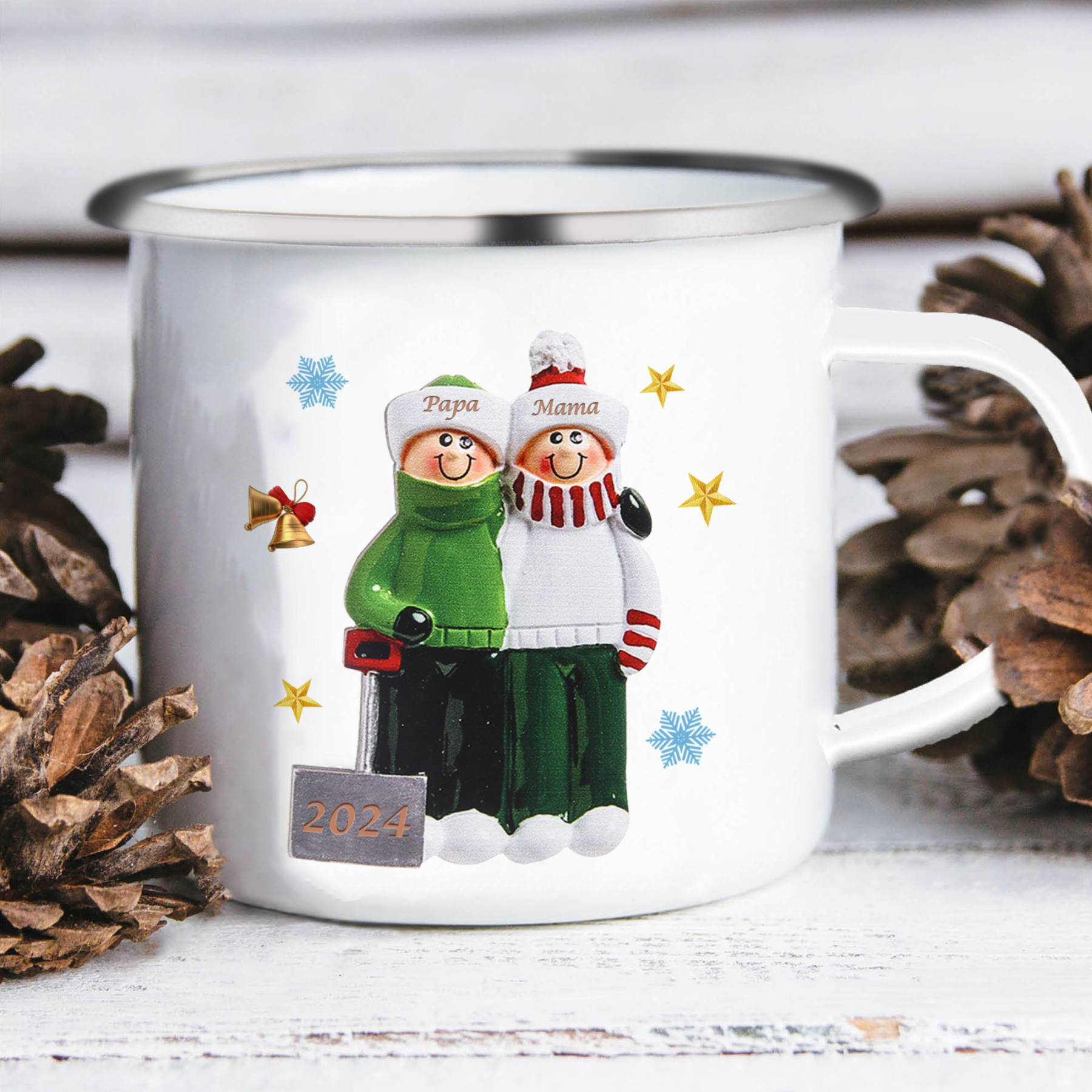 Emaille Tasse –Personalisierte 2 Namen & Jahr Weihnachts-Emaille Becher für Familie
