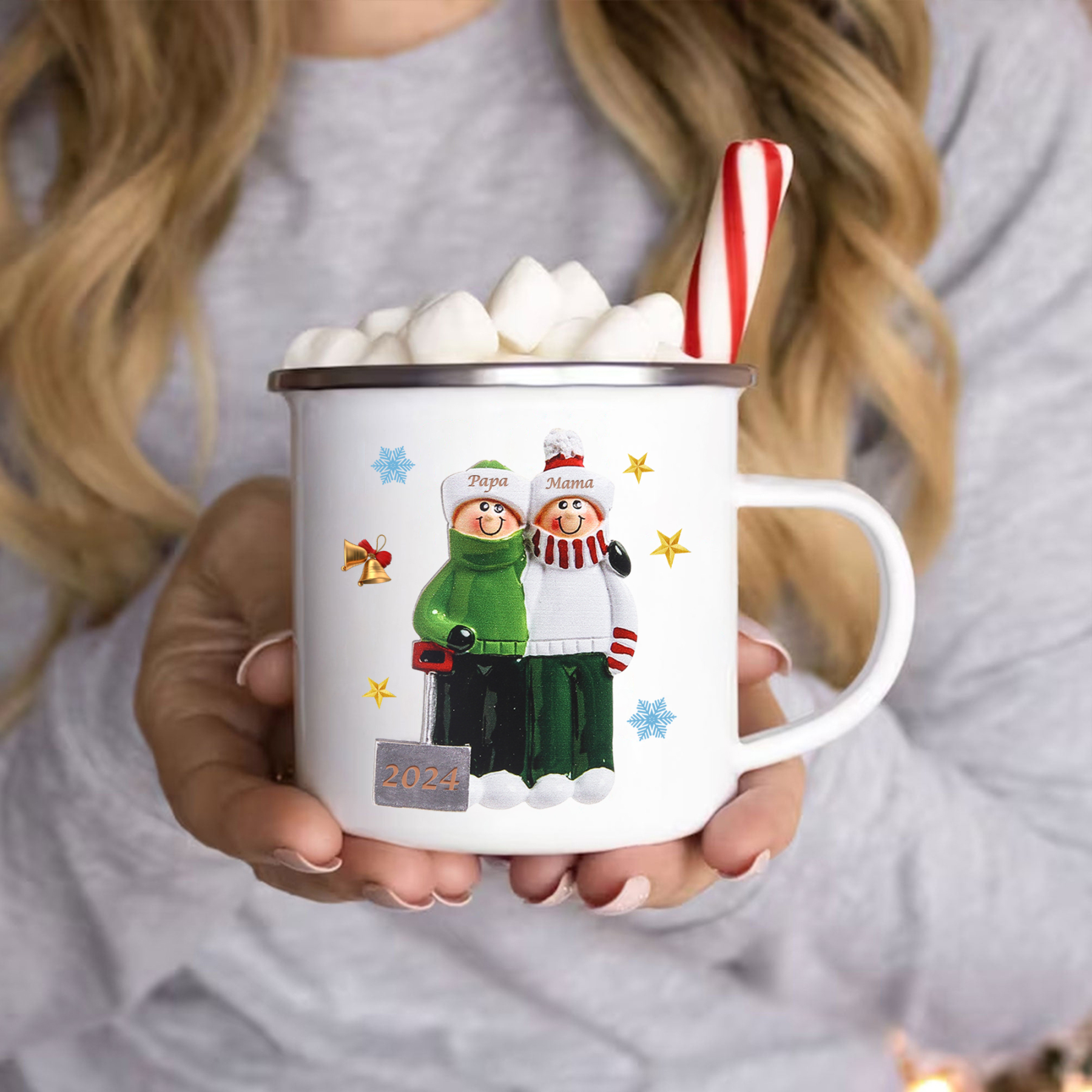 Emaille Tasse –Personalisierte 2 Namen & Jahr Weihnachts-Emaille Becher für Familie