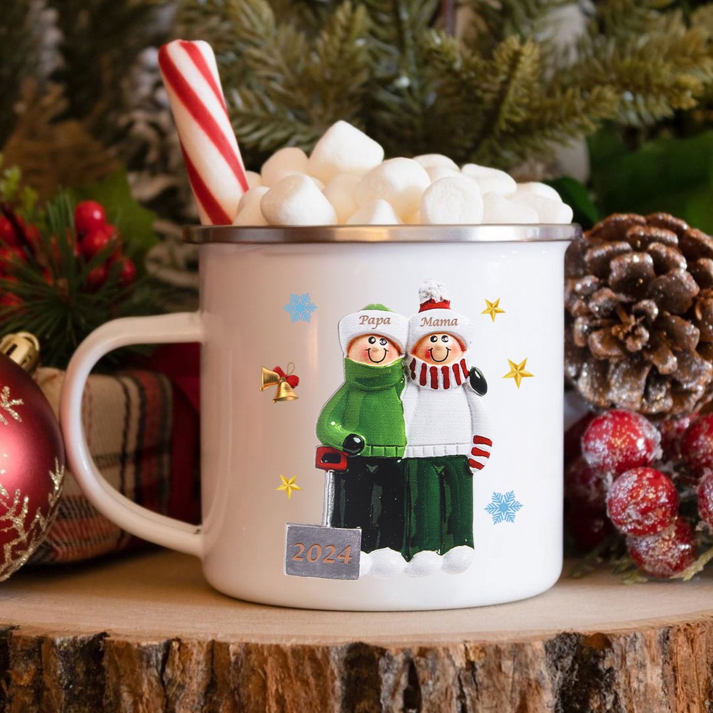 Emaille Tasse –Personalisierte 2 Namen & Jahr Weihnachts-Emaille Becher für Familie