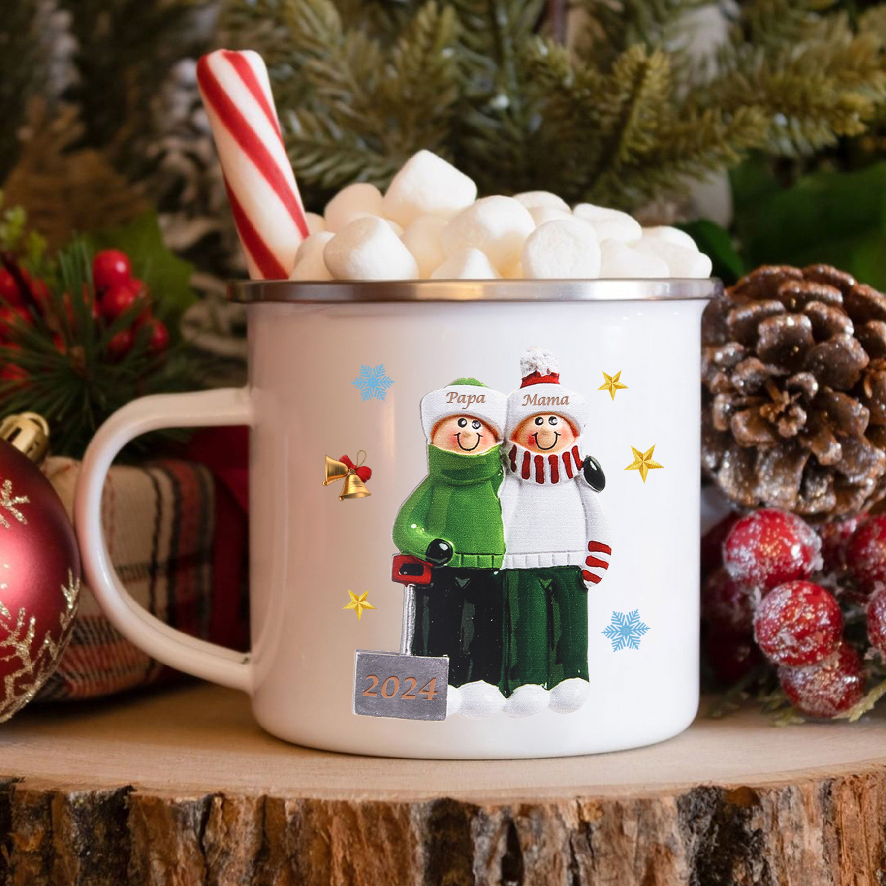 Emaille Tasse –Personalisierte 2 Namen & Jahr Weihnachts-Emaille Becher für Familie
