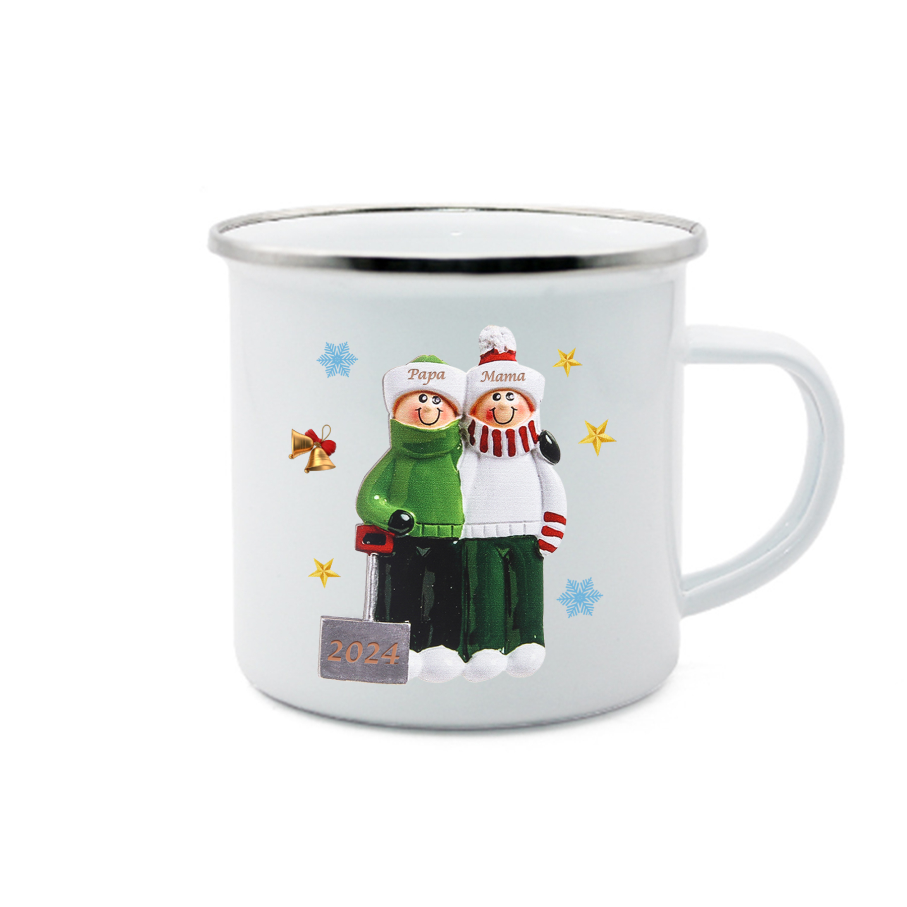 Emaille Tasse –Personalisierte 2 Namen & Jahr Weihnachts-Emaille Becher für Familie