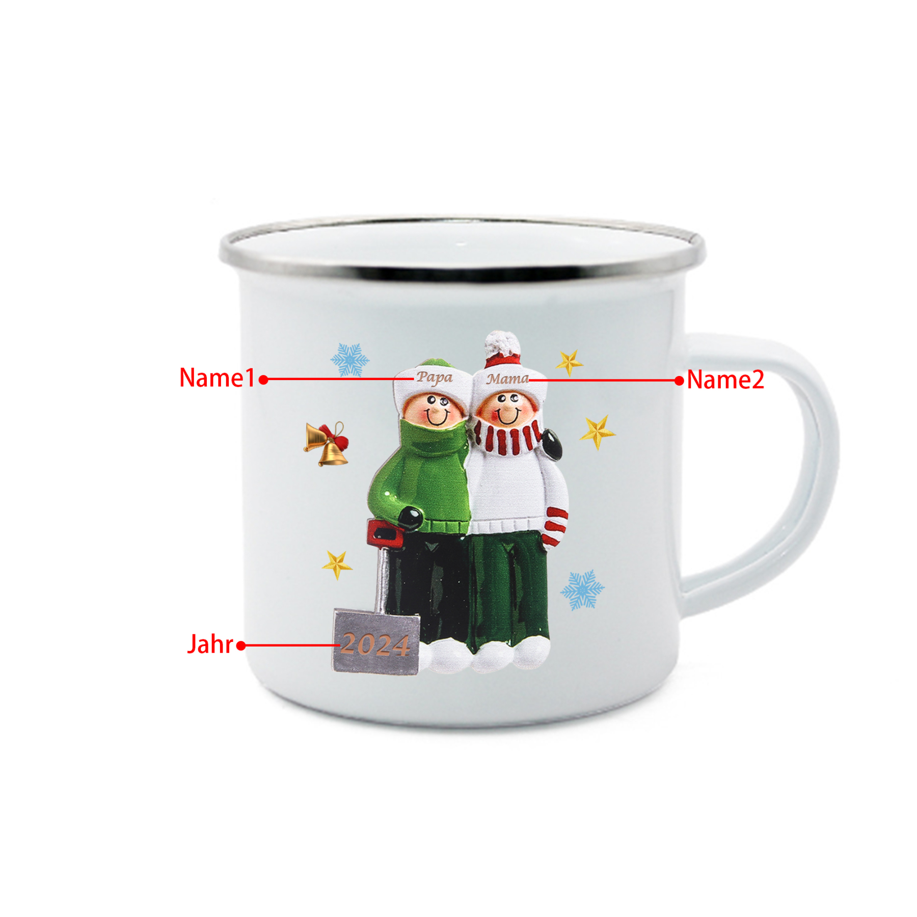 Emaille Tasse –Personalisierte 2 Namen & Jahr Weihnachts-Emaille Becher für Familie
