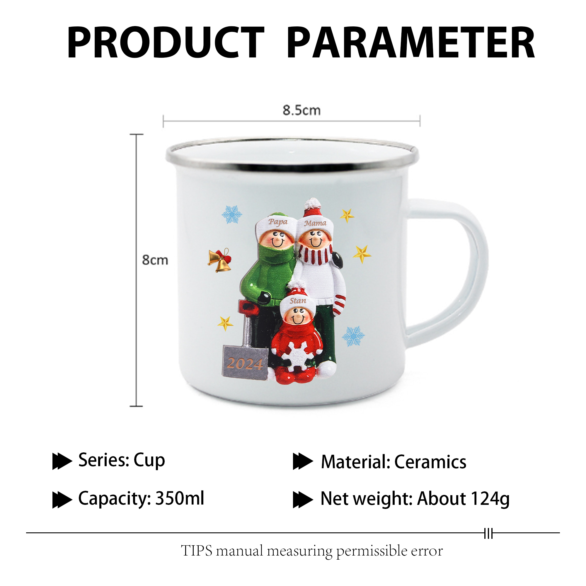 Emaille Tasse –Personalisierte 3 Namen & Jahr Weihnachts-Emaille Becher für Familie