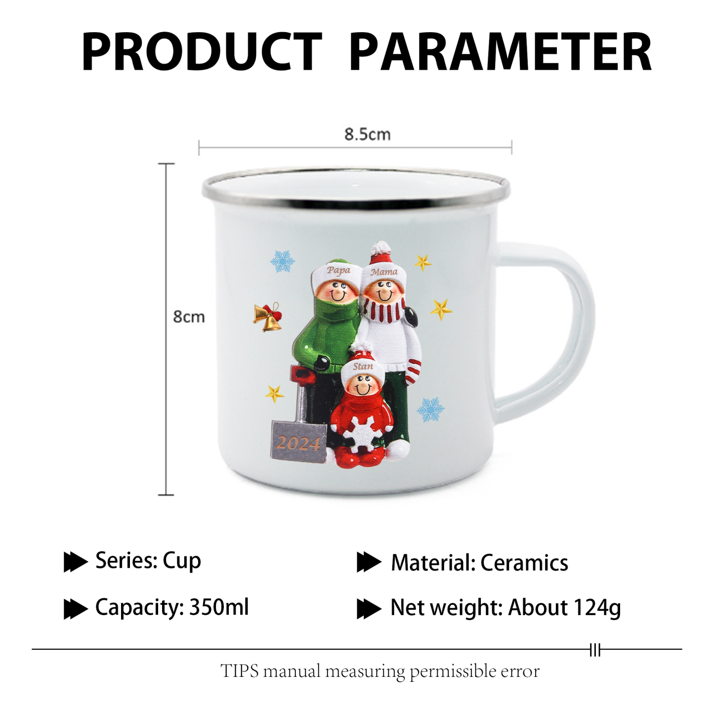 Emaille Tasse –Personalisierte 3 Namen & Jahr Weihnachts-Emaille Becher für Familie