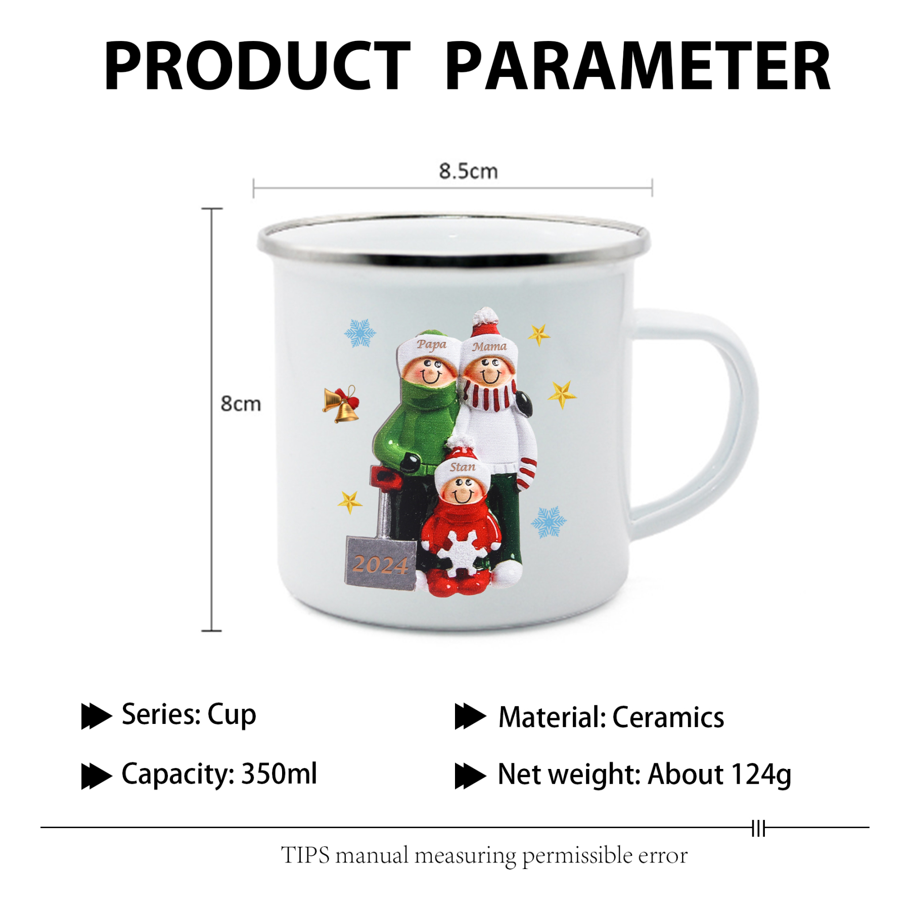 Emaille Tasse –Personalisierte 3 Namen & Jahr Weihnachts-Emaille Becher für Familie