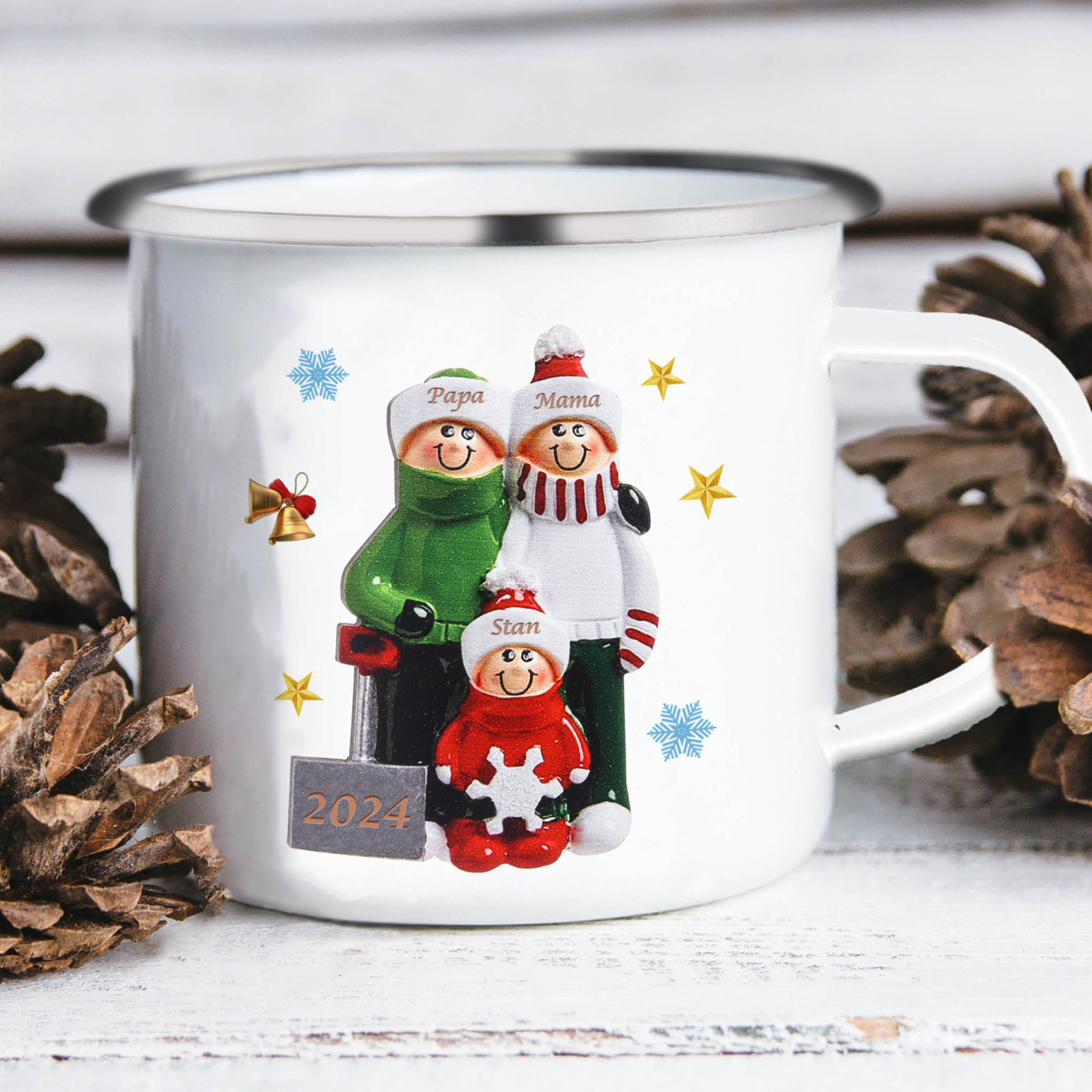 Emaille Tasse –Personalisierte 3 Namen & Jahr Weihnachts-Emaille Becher für Familie