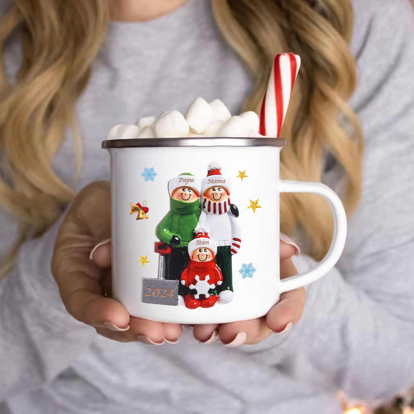 Emaille Tasse –Personalisierte 3 Namen & Jahr Weihnachts-Emaille Becher für Familie