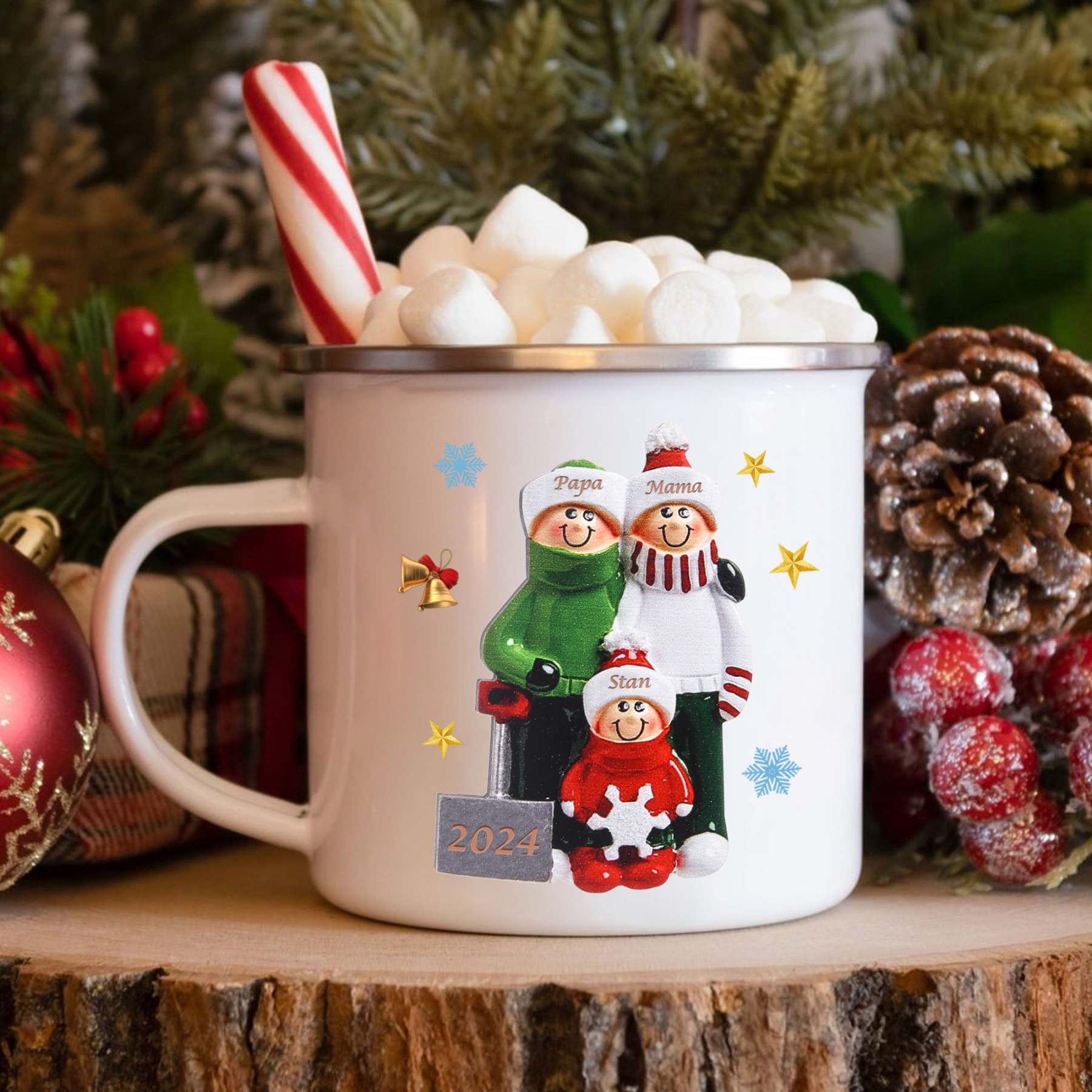 Emaille Tasse –Personalisierte 3 Namen & Jahr Weihnachts-Emaille Becher für Familie