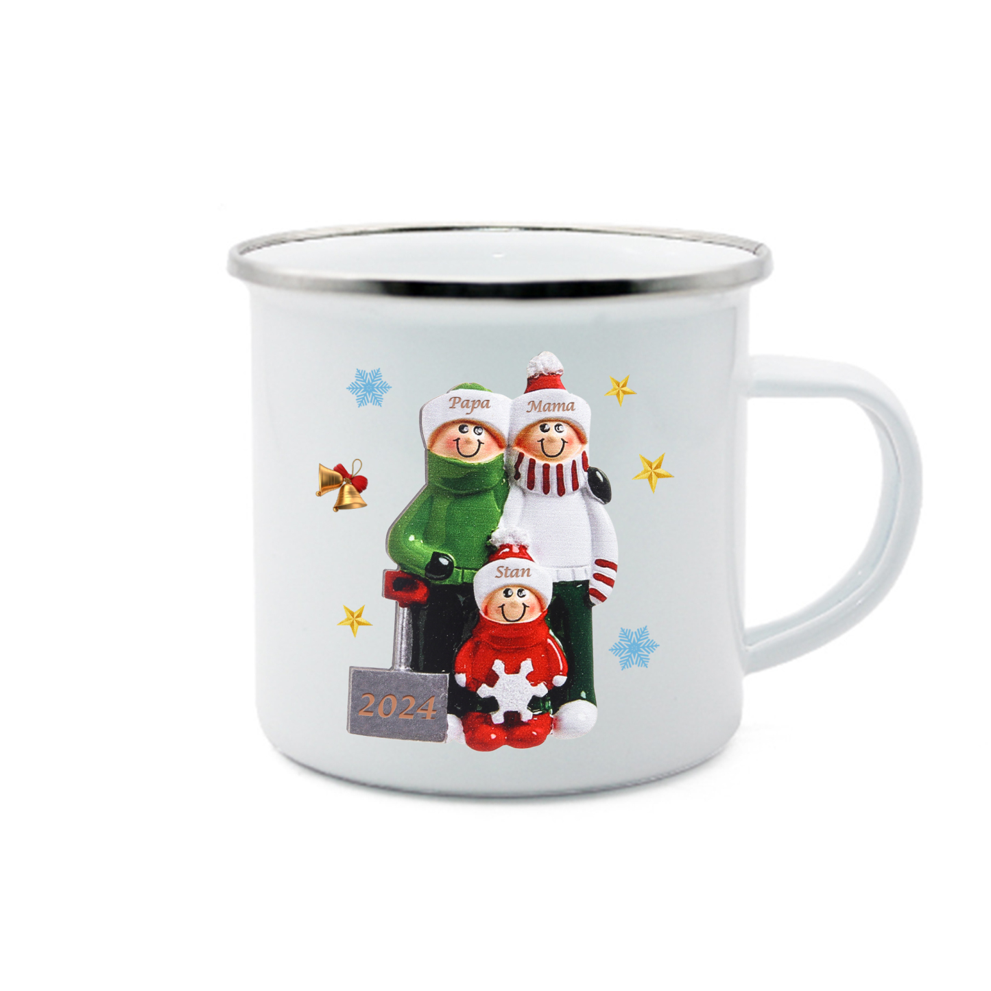 Emaille Tasse –Personalisierte 3 Namen & Jahr Weihnachts-Emaille Becher für Familie