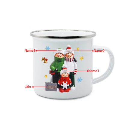 Emaille Tasse –Personalisierte 3 Namen & Jahr Weihnachts-Emaille Becher für Familie