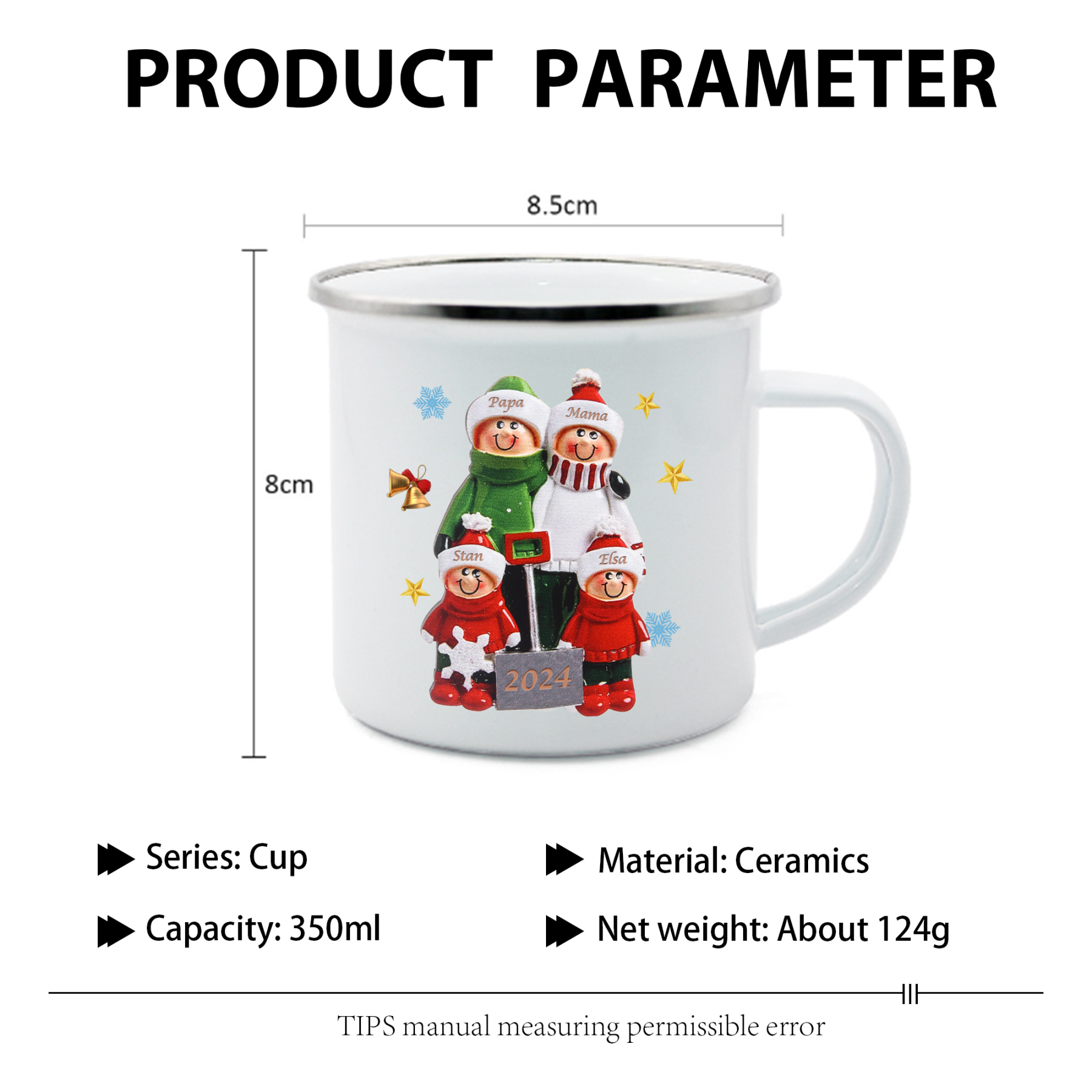 Emaille Tasse –Personalisierte 4 Namen & Jahr Weihnachts-Emaille Becher für Familie