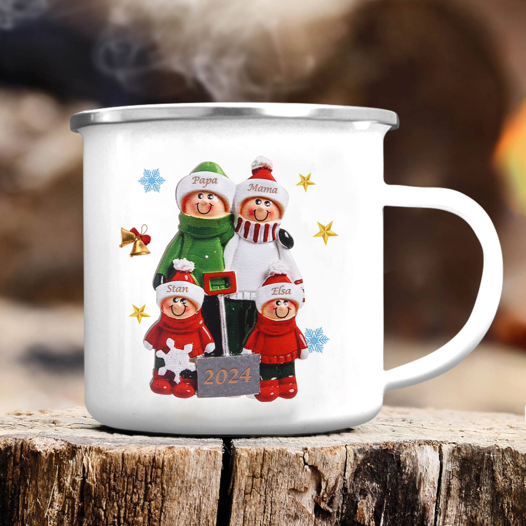 Emaille Tasse –Personalisierte 4 Namen & Jahr Weihnachts-Emaille Becher für Familie
