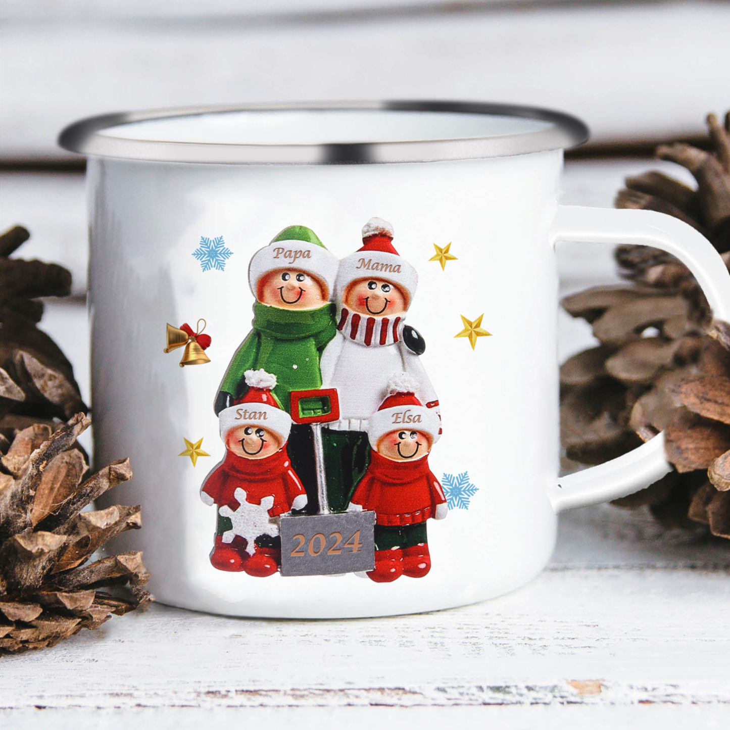 Emaille Tasse –Personalisierte 4 Namen & Jahr Weihnachts-Emaille Becher für Familie