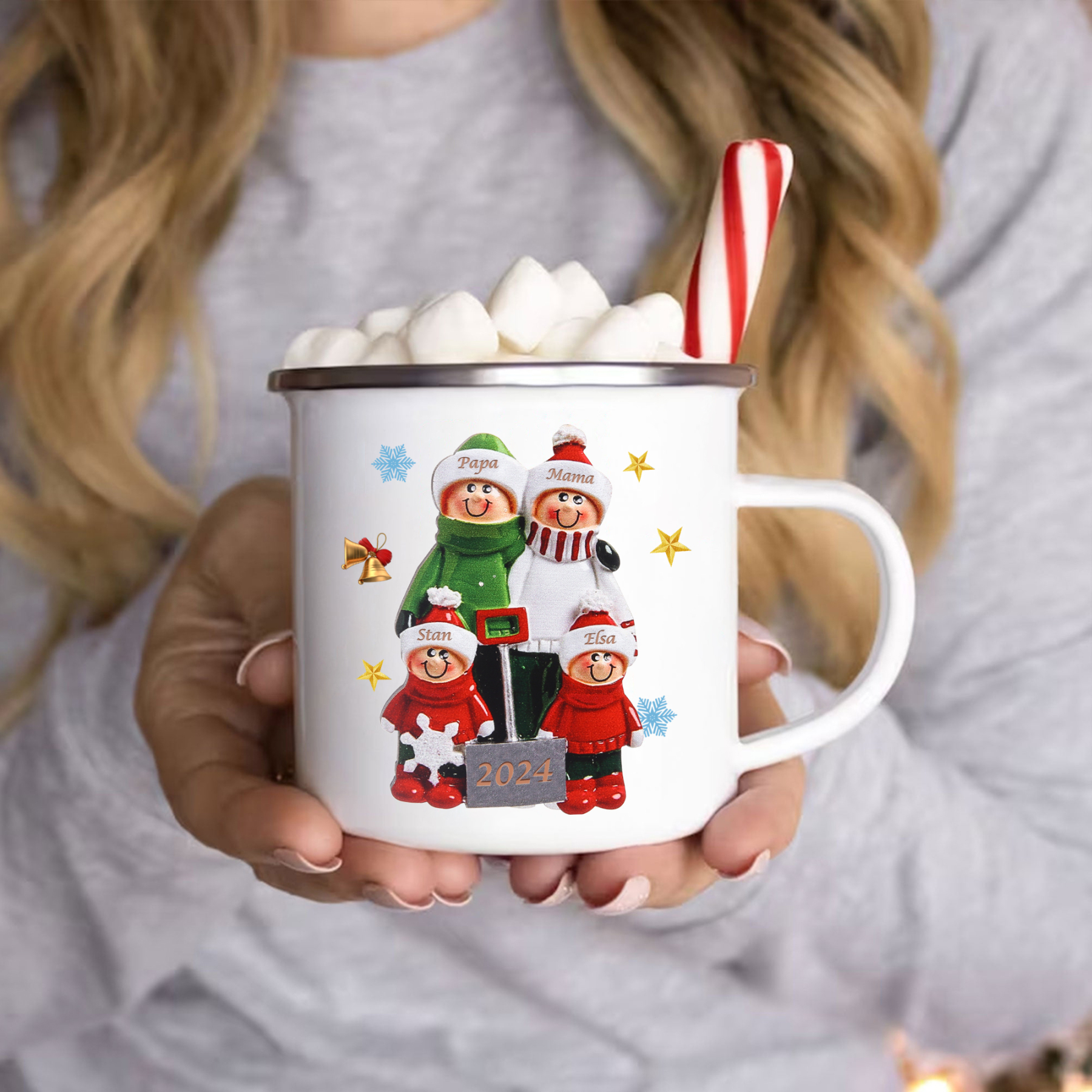 Emaille Tasse –Personalisierte 4 Namen & Jahr Weihnachts-Emaille Becher für Familie