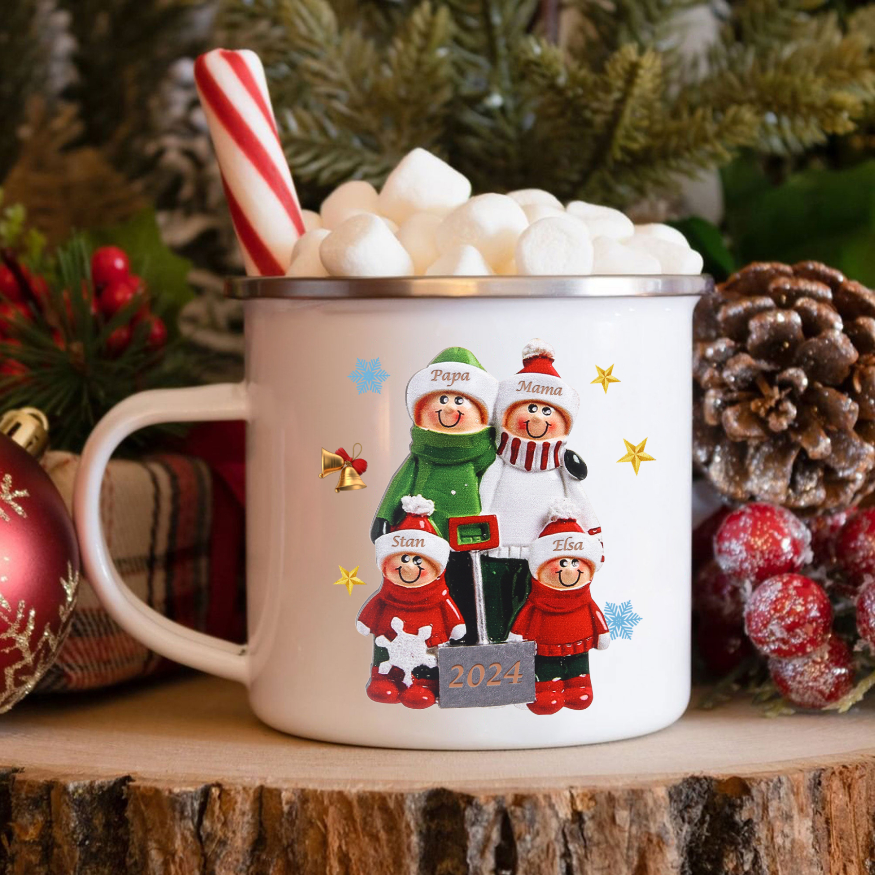 Emaille Tasse –Personalisierte 4 Namen & Jahr Weihnachts-Emaille Becher für Familie