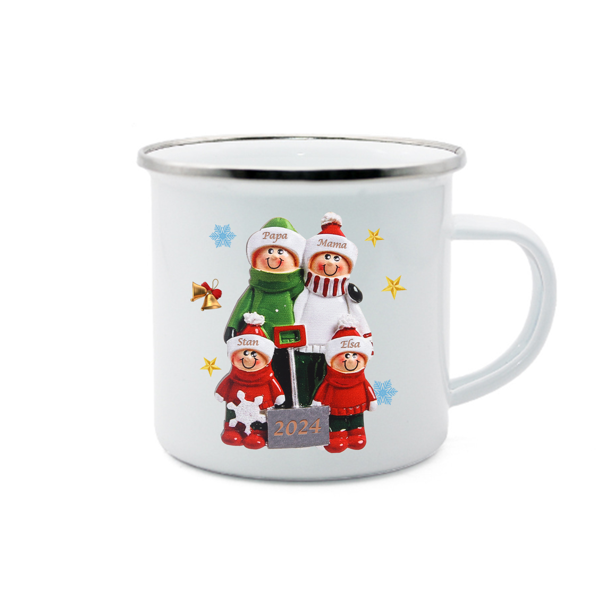 Emaille Tasse –Personalisierte 4 Namen & Jahr Weihnachts-Emaille Becher für Familie
