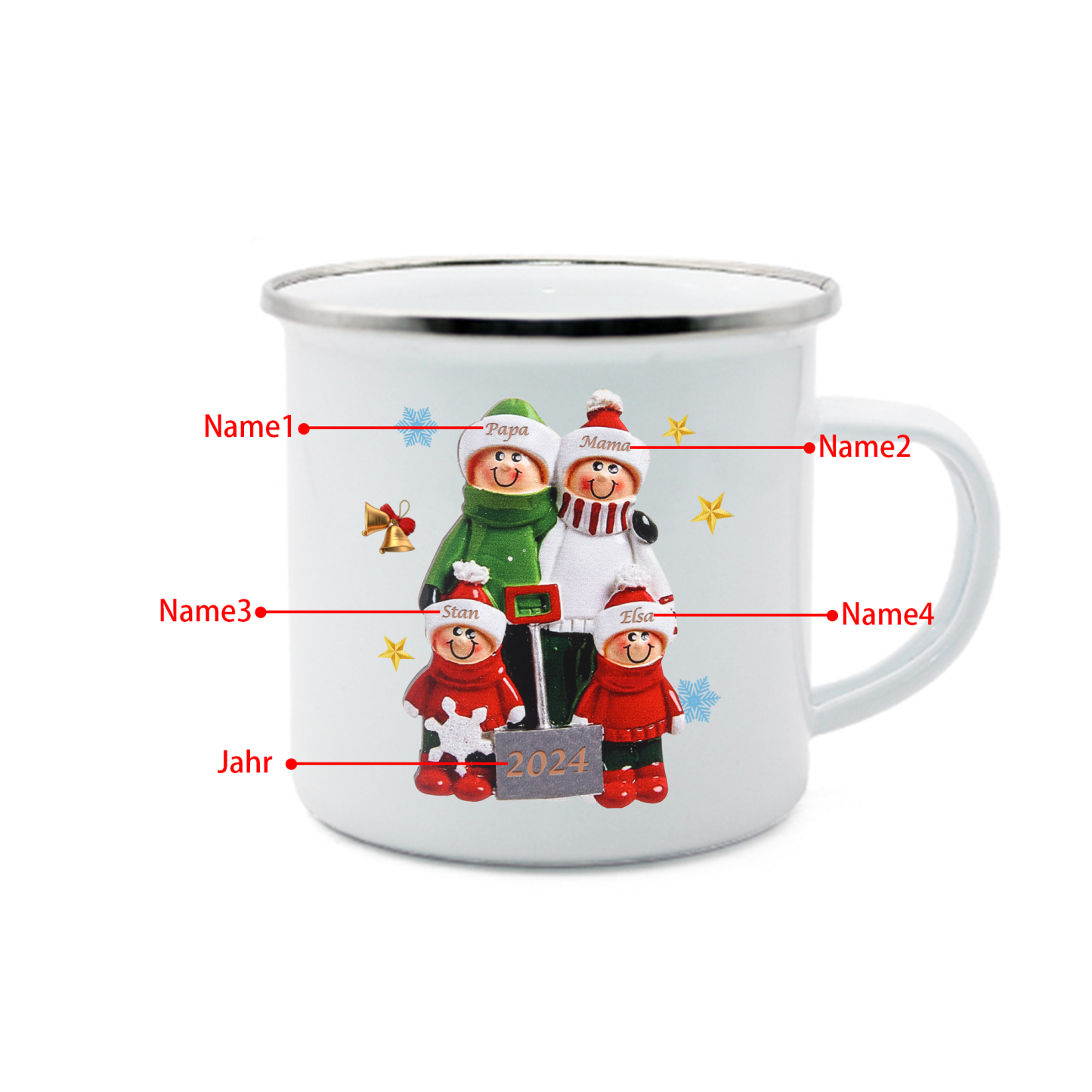 Emaille Tasse –Personalisierte 4 Namen & Jahr Weihnachts-Emaille Becher für Familie