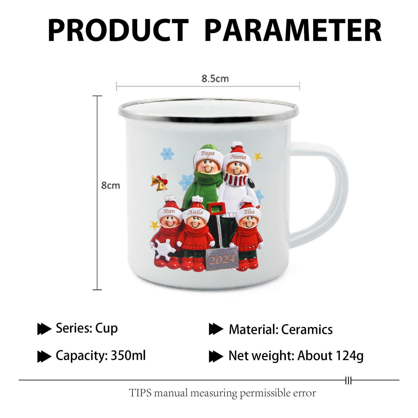 Emaille Tasse –Personalisierte 5 Namen & Jahr Weihnachts-Emaille Becher für Familie