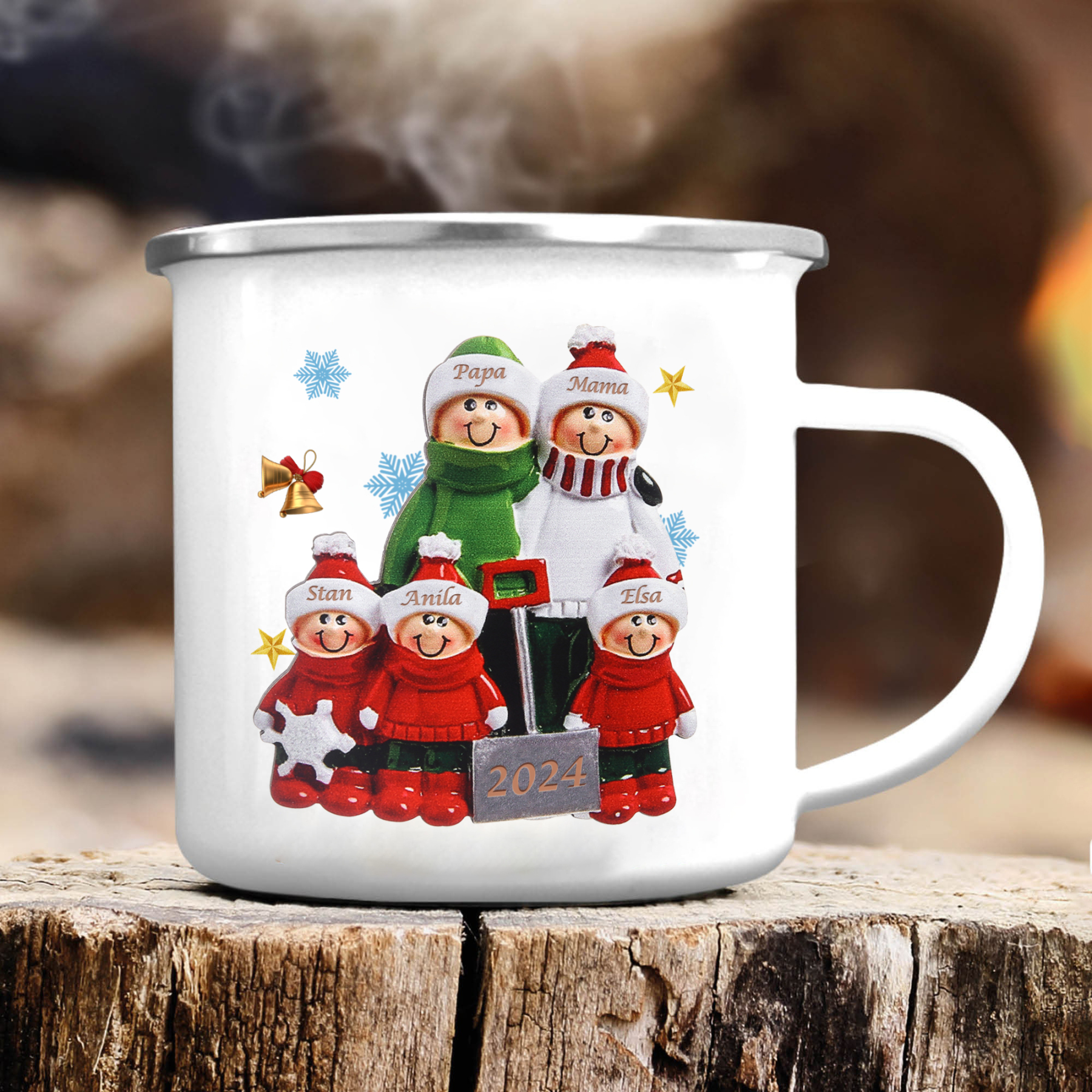 Emaille Tasse –Personalisierte 5 Namen & Jahr Weihnachts-Emaille Becher für Familie