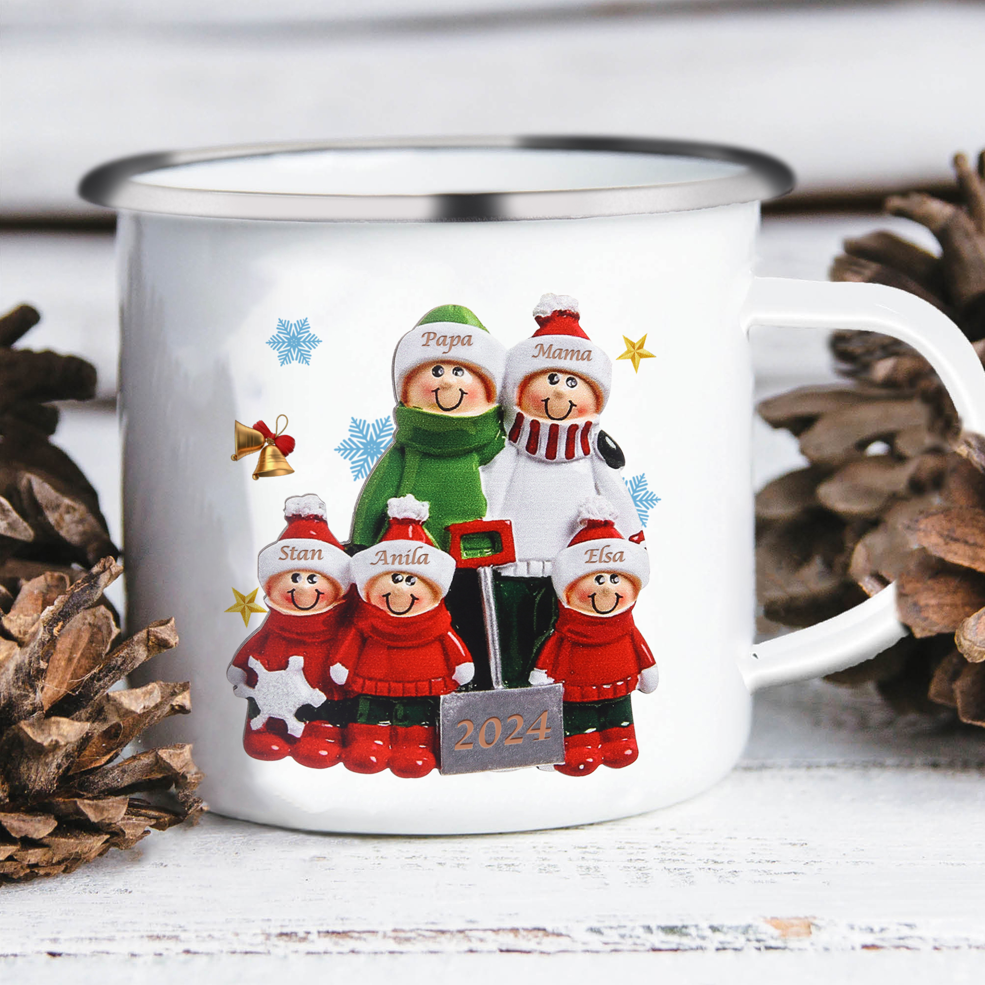 Emaille Tasse –Personalisierte 5 Namen & Jahr Weihnachts-Emaille Becher für Familie