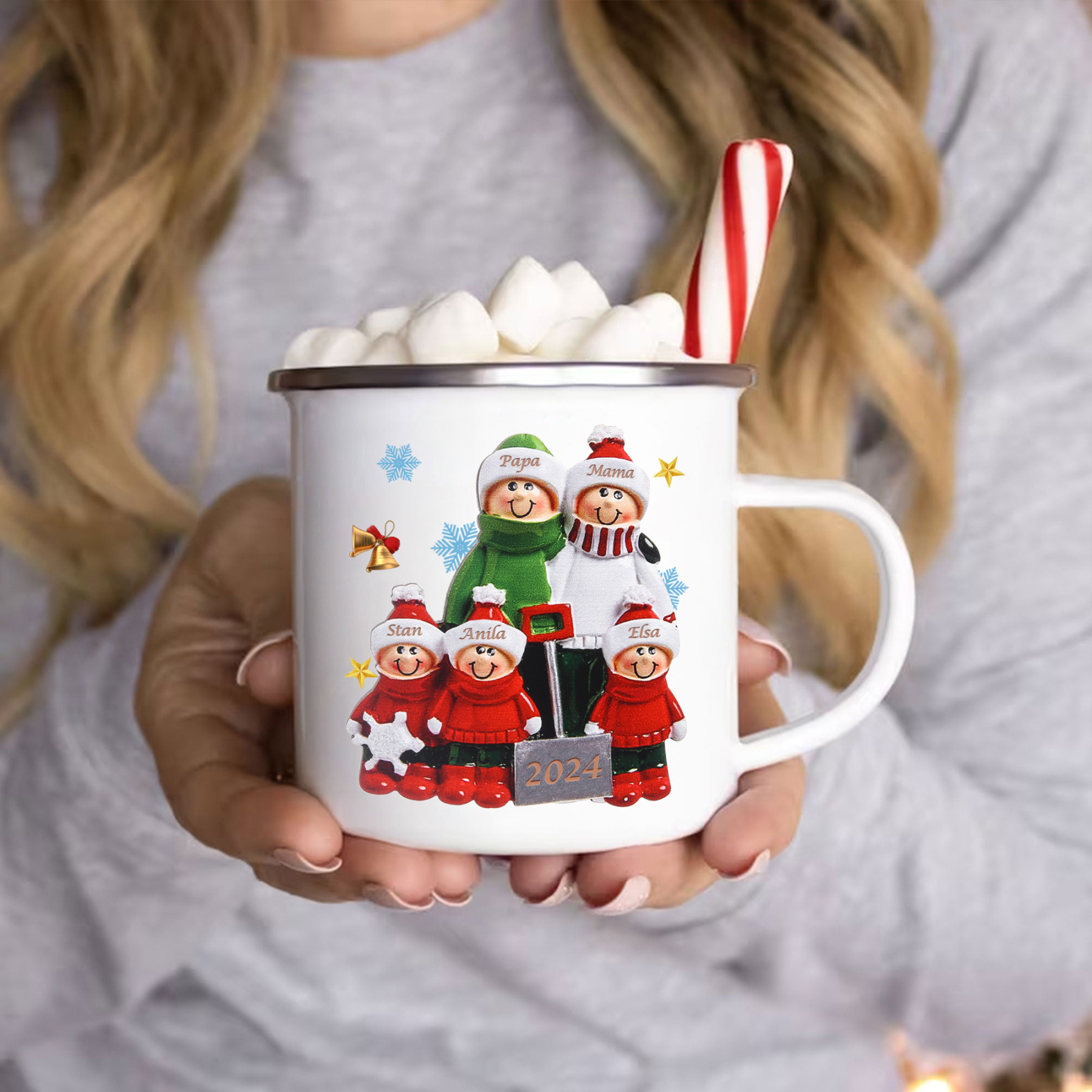 Emaille Tasse –Personalisierte 5 Namen & Jahr Weihnachts-Emaille Becher für Familie