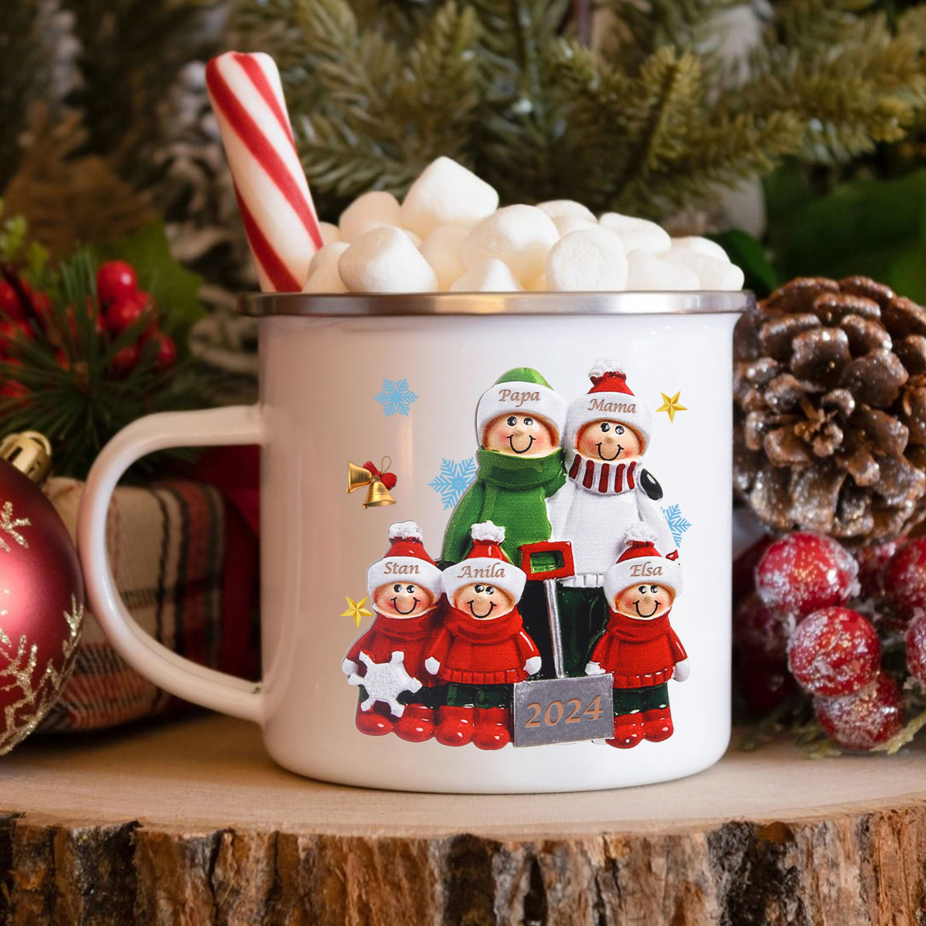 Emaille Tasse –Personalisierte 5 Namen & Jahr Weihnachts-Emaille Becher für Familie