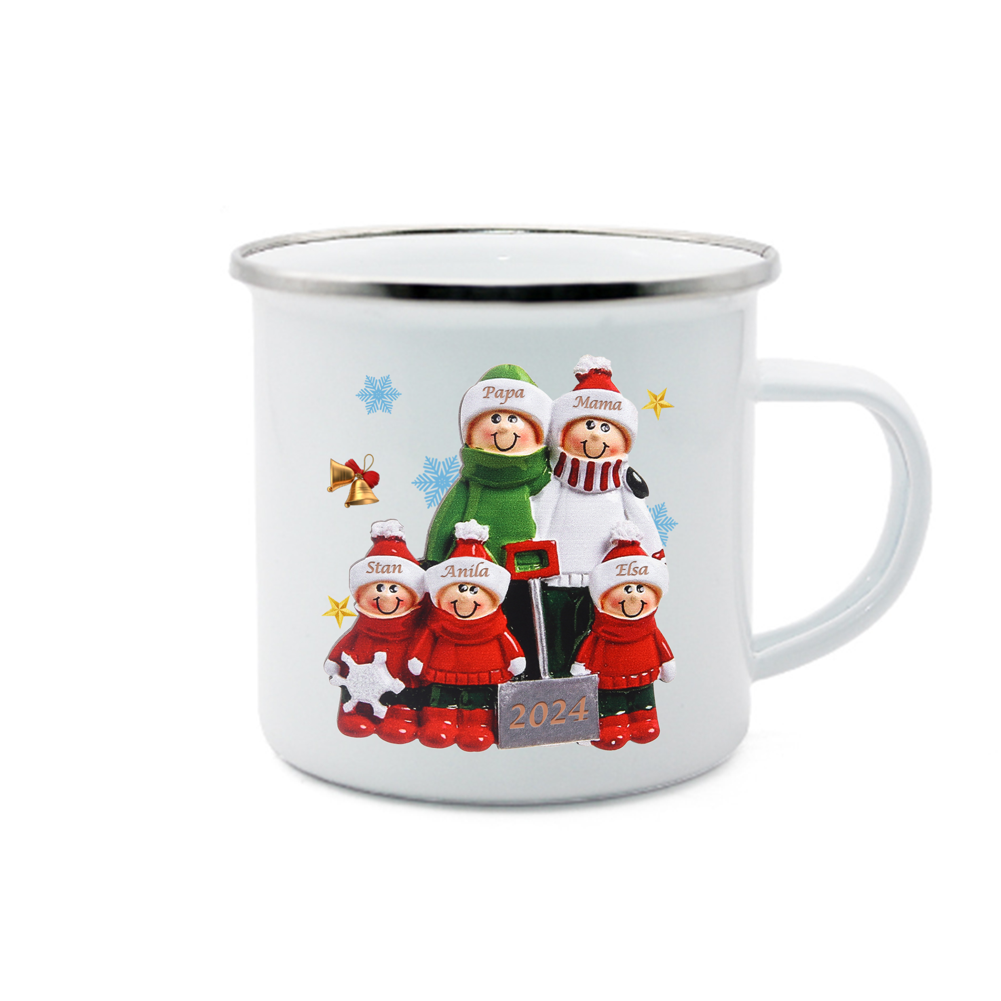 Emaille Tasse –Personalisierte 5 Namen & Jahr Weihnachts-Emaille Becher für Familie