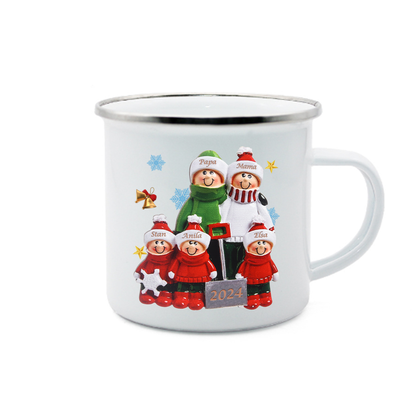 Emaille Tasse –Personalisierte 5 Namen & Jahr Weihnachts-Emaille Becher für Familie