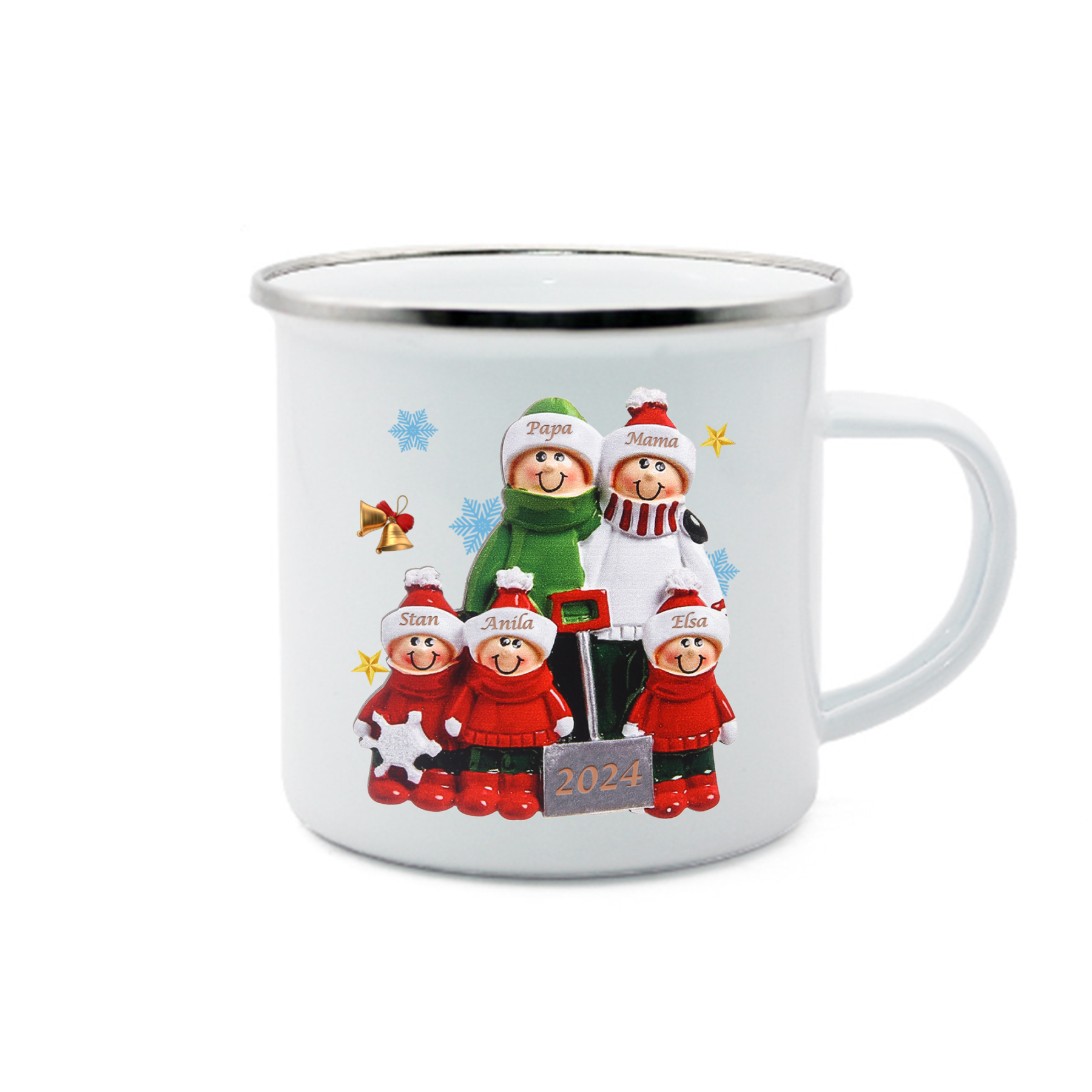 Emaille Tasse –Personalisierte 5 Namen & Jahr Weihnachts-Emaille Becher für Familie