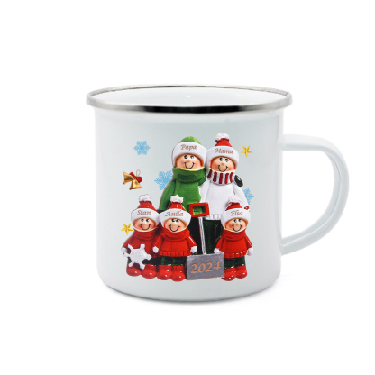 Emaille Tasse –Personalisierte 5 Namen & Jahr Weihnachts-Emaille Becher für Familie
