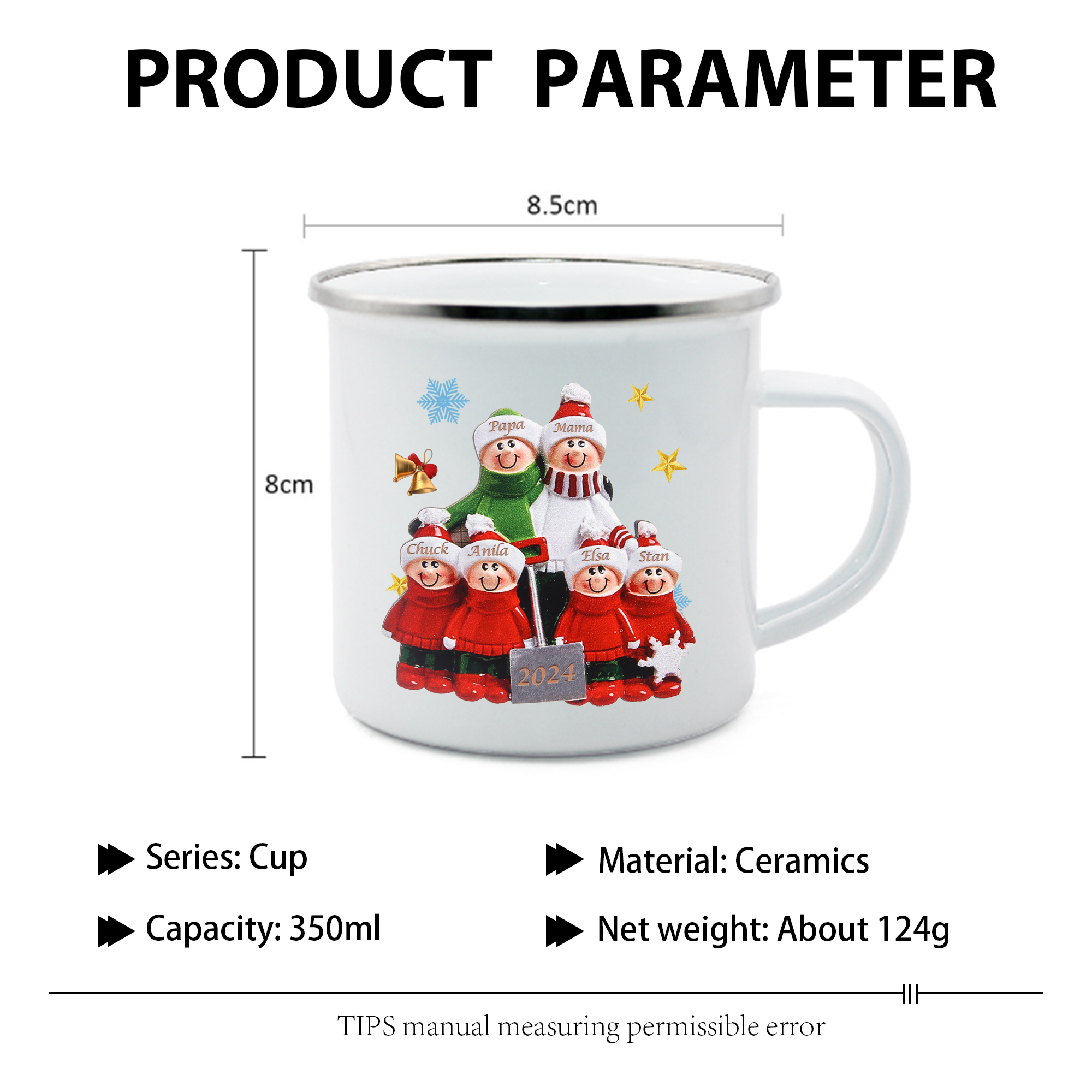 Emaille Tasse –Personalisierte 6 Namen & Jahr Weihnachts-Emaille Becher für Familie