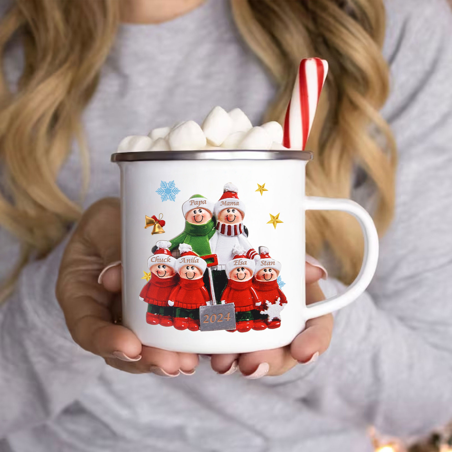 Emaille Tasse –Personalisierte 6 Namen & Jahr Weihnachts-Emaille Becher für Familie