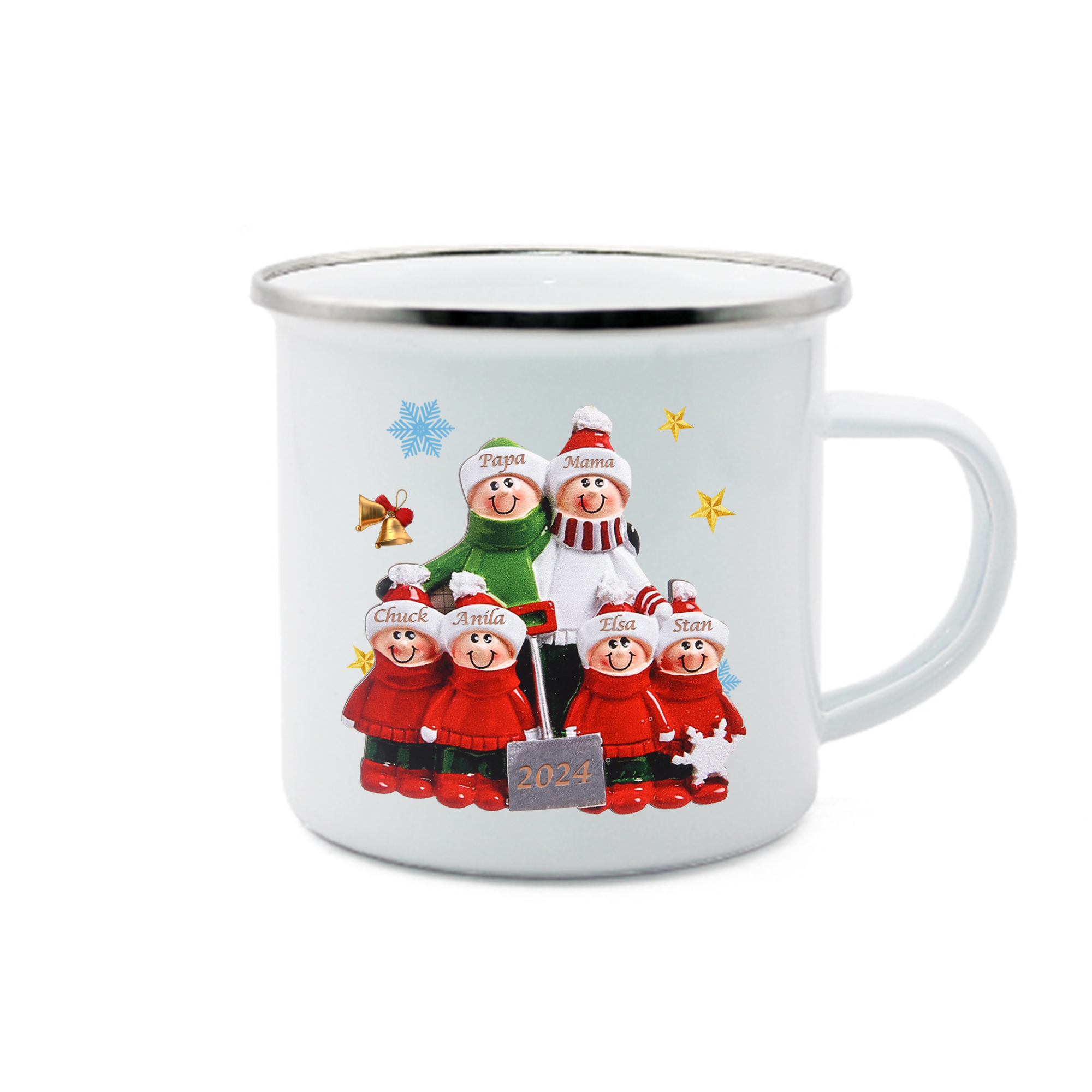 Emaille Tasse –Personalisierte 6 Namen & Jahr Weihnachts-Emaille Becher für Familie