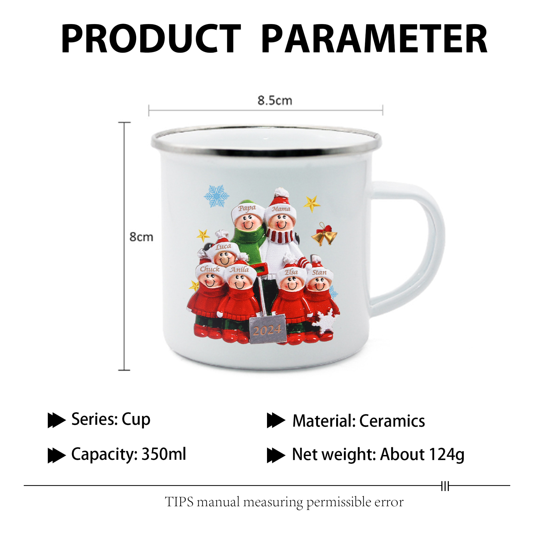 Emaille Tasse –Personalisierte 7 Namen & Jahr Weihnachts-Emaille Becher für Familie