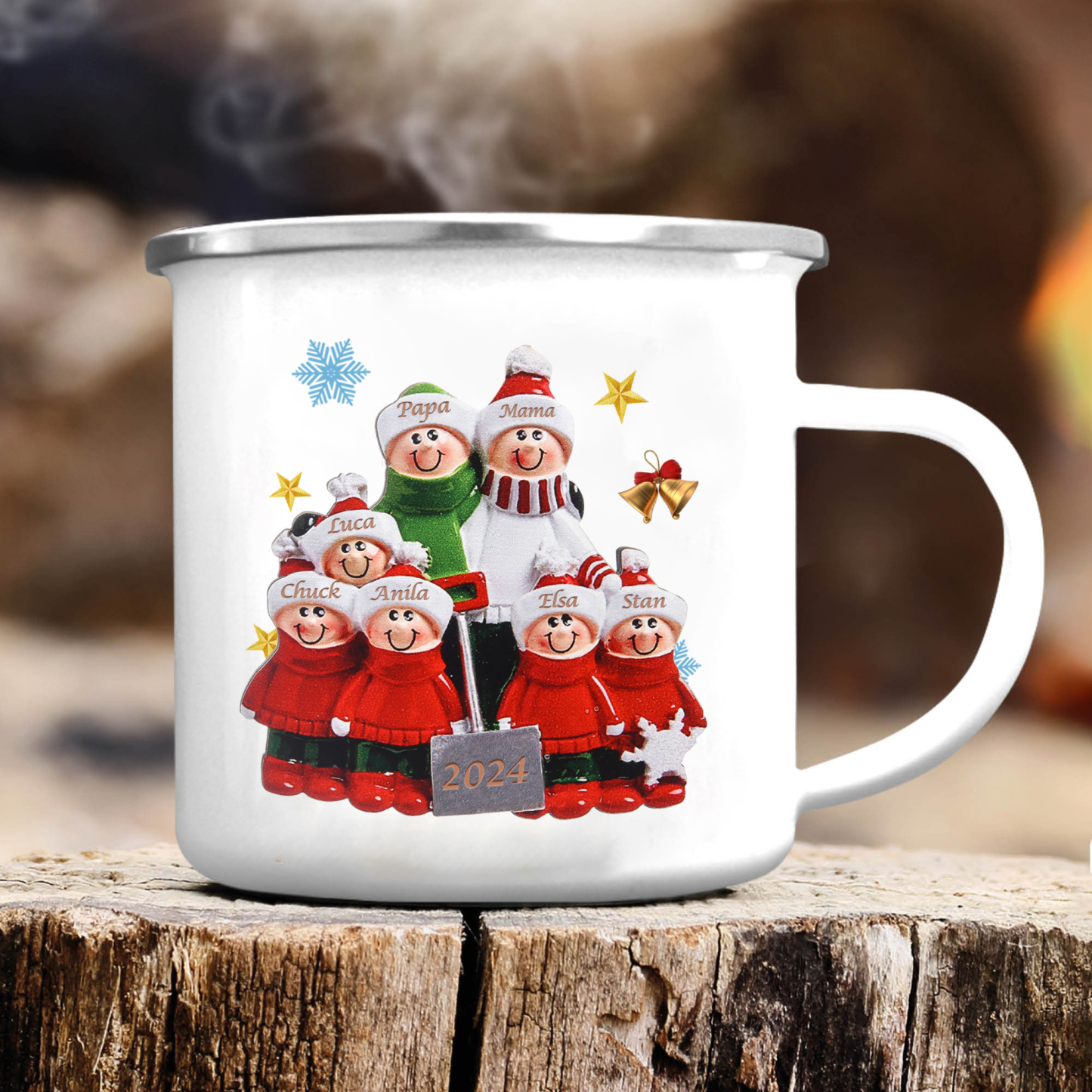 Emaille Tasse –Personalisierte 7 Namen & Jahr Weihnachts-Emaille Becher für Familie