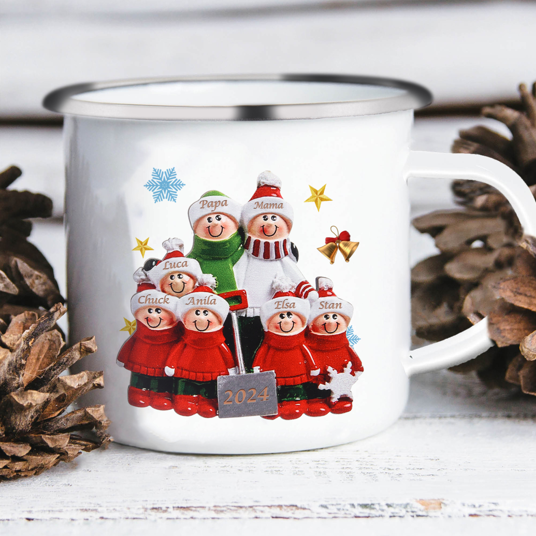Emaille Tasse –Personalisierte 7 Namen & Jahr Weihnachts-Emaille Becher für Familie