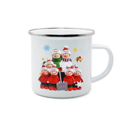 Emaille Tasse –Personalisierte 7 Namen & Jahr Weihnachts-Emaille Becher für Familie