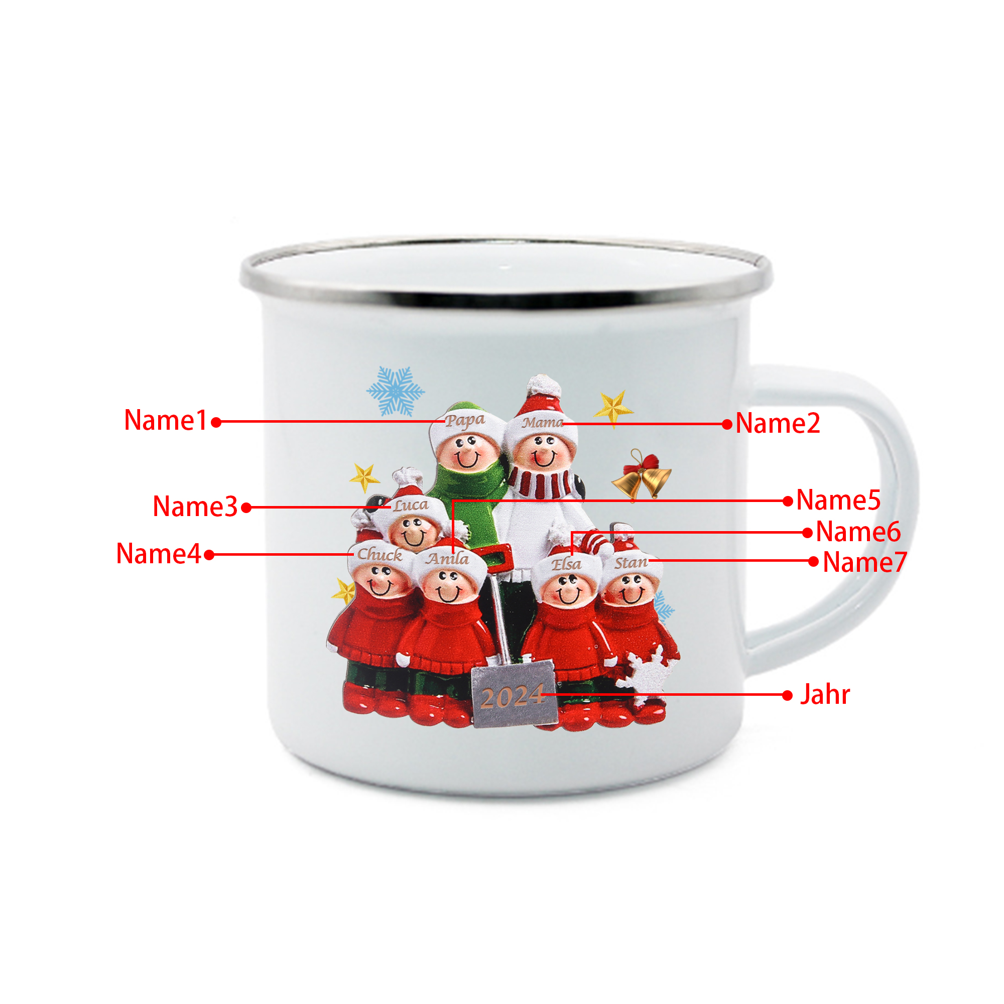 Emaille Tasse –Personalisierte 7 Namen & Jahr Weihnachts-Emaille Becher für Familie
