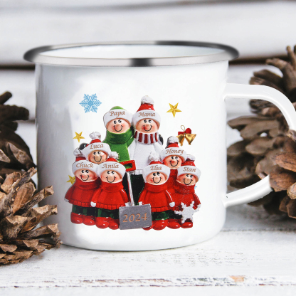 Emaille Tasse –Personalisierte 8 Namen & Jahr Weihnachts-Emaille Becher für Familie