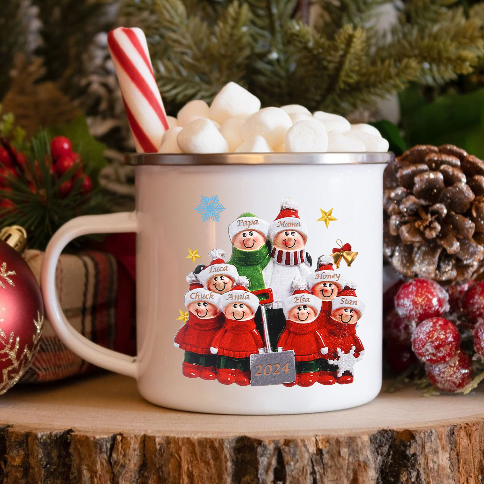 Emaille Tasse –Personalisierte 8 Namen & Jahr Weihnachts-Emaille Becher für Familie