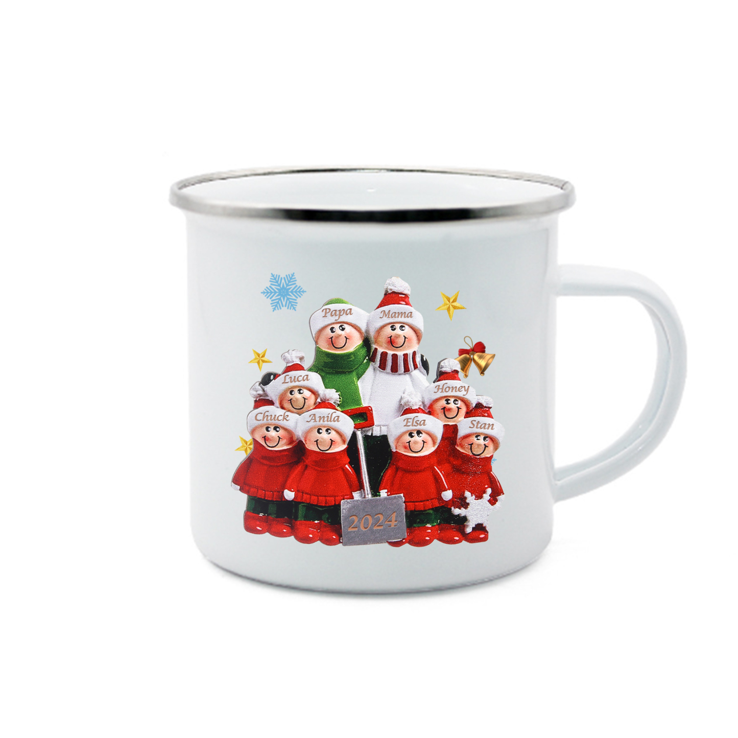 Emaille Tasse –Personalisierte 8 Namen & Jahr Weihnachts-Emaille Becher für Familie