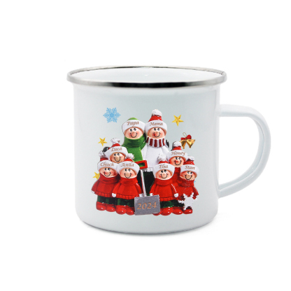 Emaille Tasse –Personalisierte 8 Namen & Jahr Weihnachts-Emaille Becher für Familie